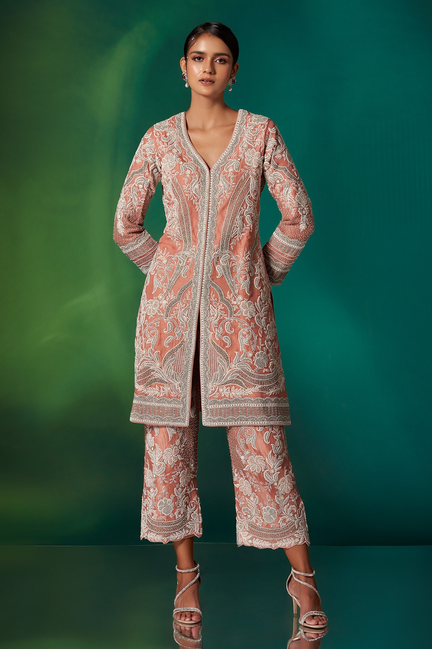 Stotram Coral Floral Embroidered Organza Kurta And Pant Set