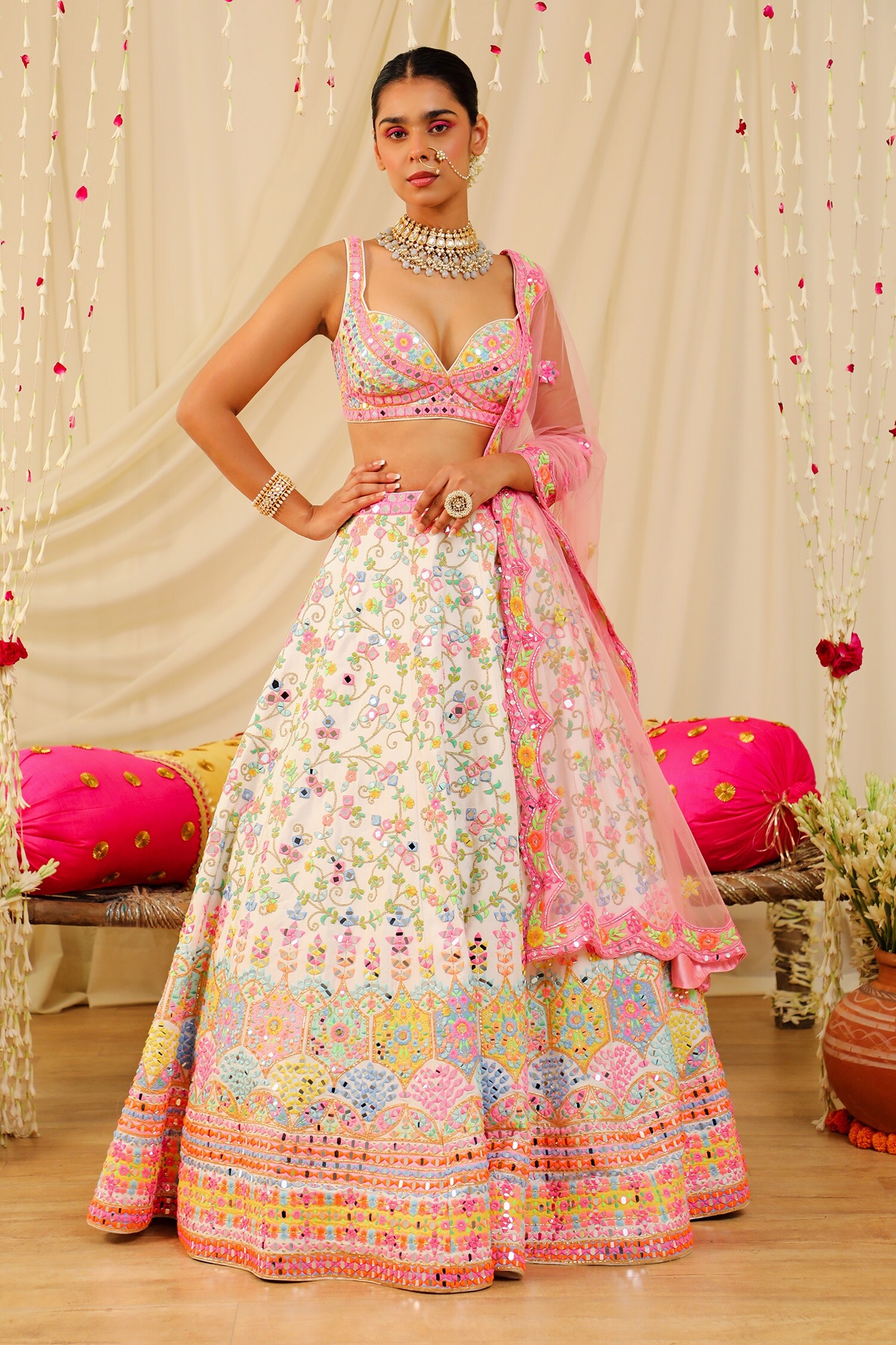 Buy Rajbinder Chahal White Dupion Silk Mirror Embroidered Lehenga Set Online Aza Fashions