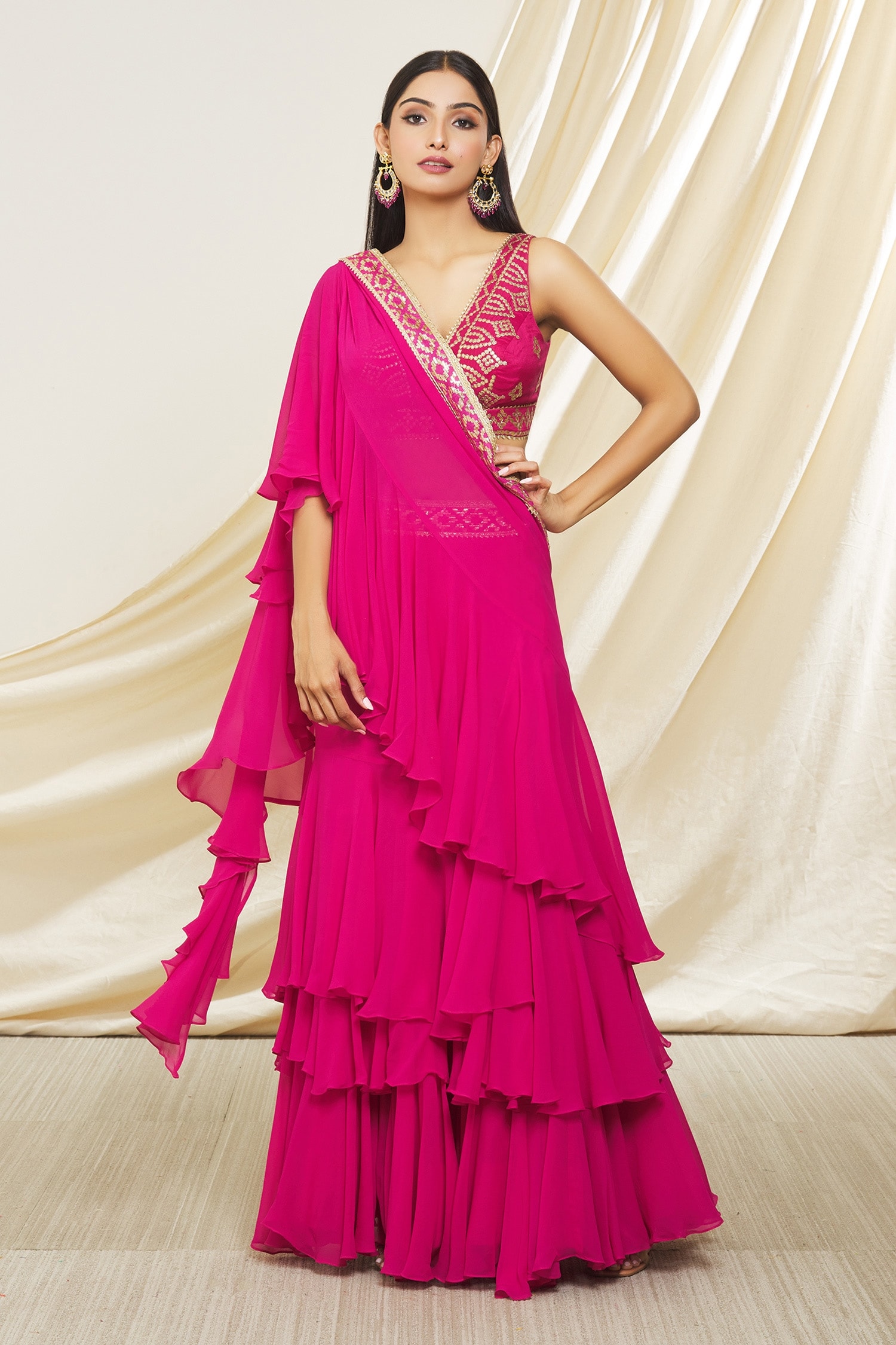 Gopi Vaid Pink Anupa Pre-draped Ruffle Saree With Embroidered Blouse