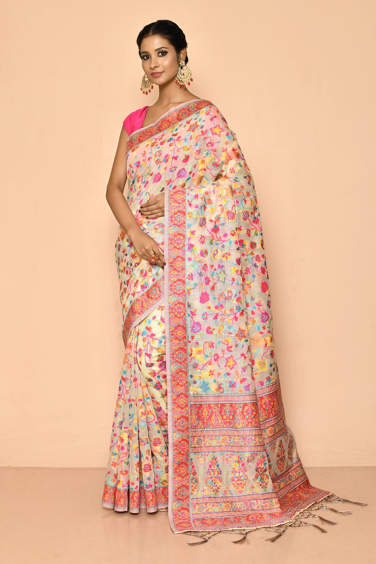 Naintara Bajaj White Cotton Thread Embroidered Saree