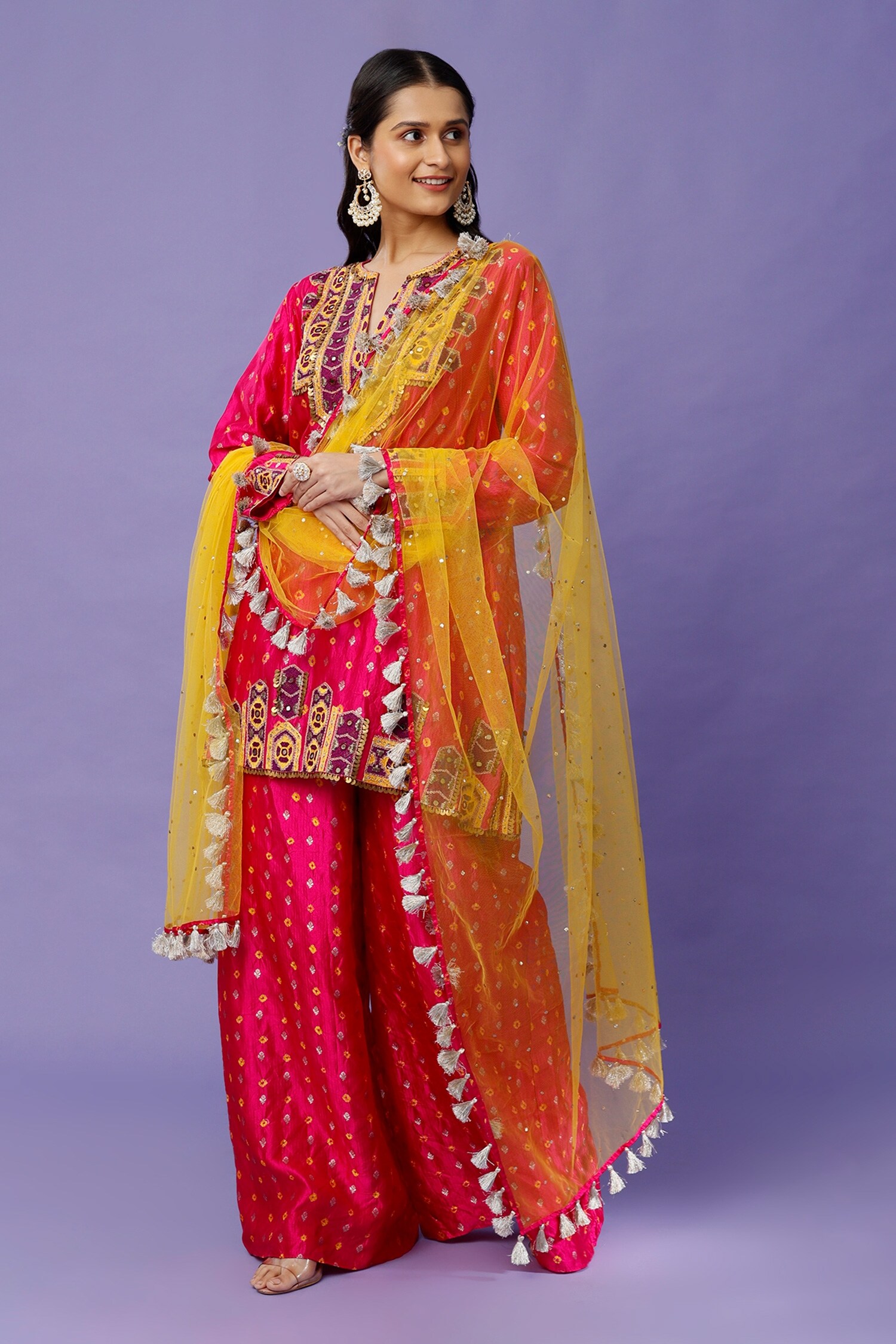 Payal Singhal Pink Silk Embroidered Yoke Bandhani Kurta Set