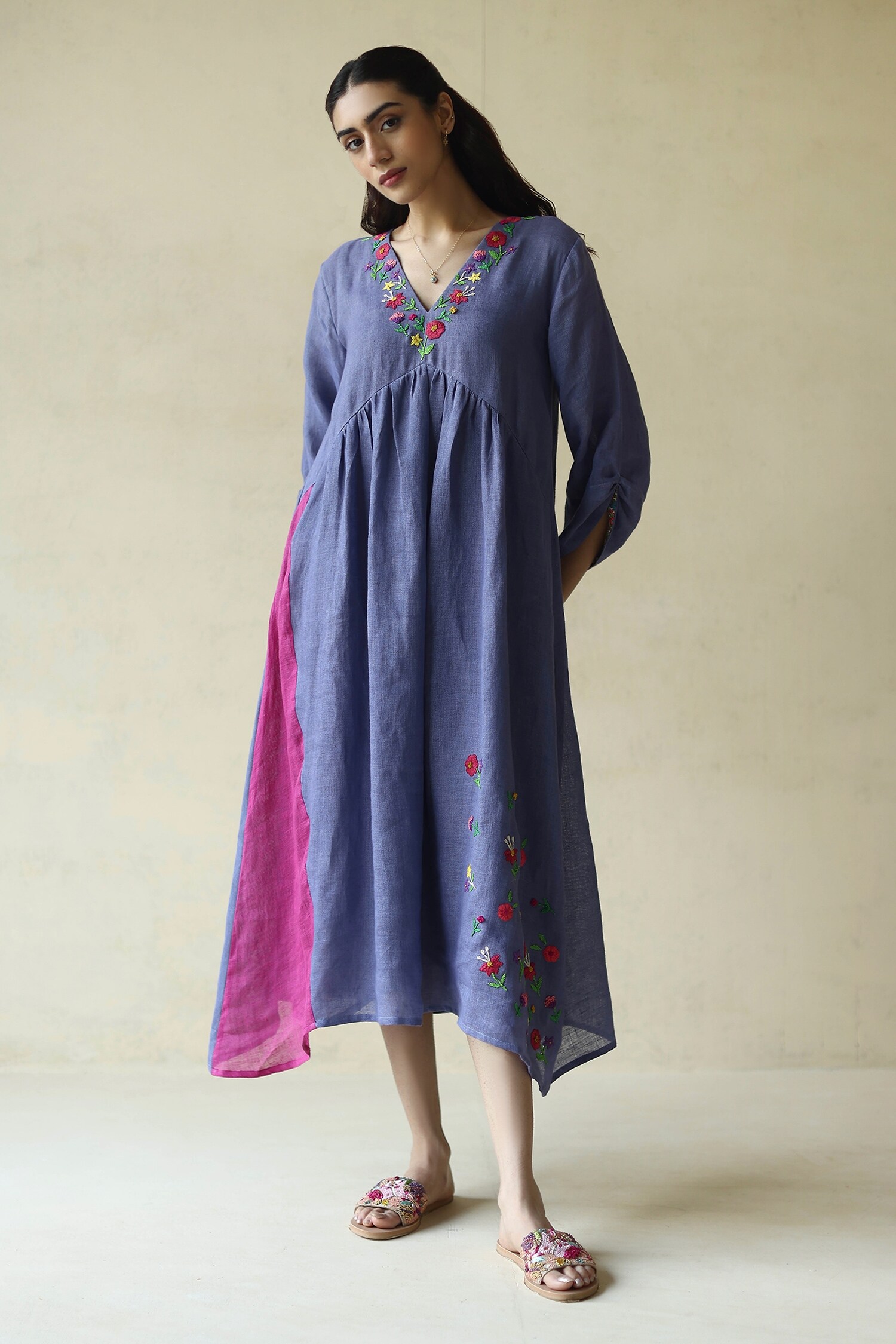 Buy Roza Pret Purple Gauze Linen V Neck Embroidered Dress Online Aza