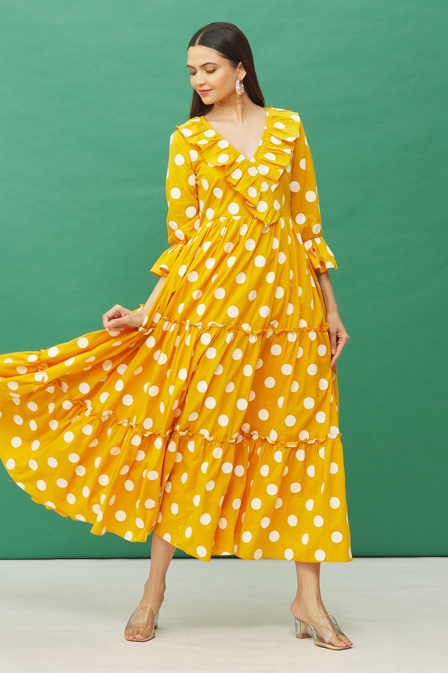Samyukta Singhania Yellow Cotton Printed Tiered Dress