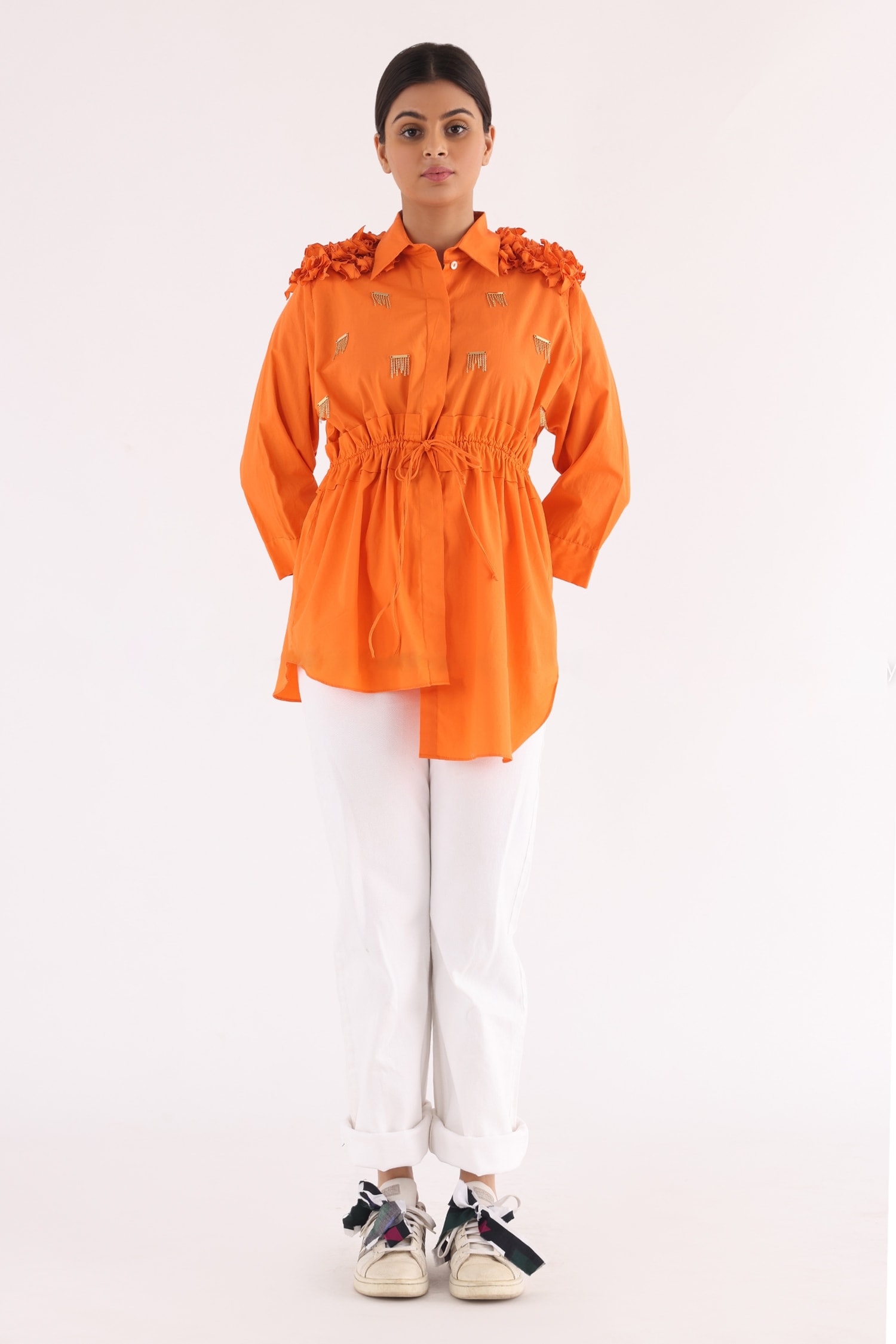 Studio Moda India Orange Cotton Sway Work Tie-up Shirt