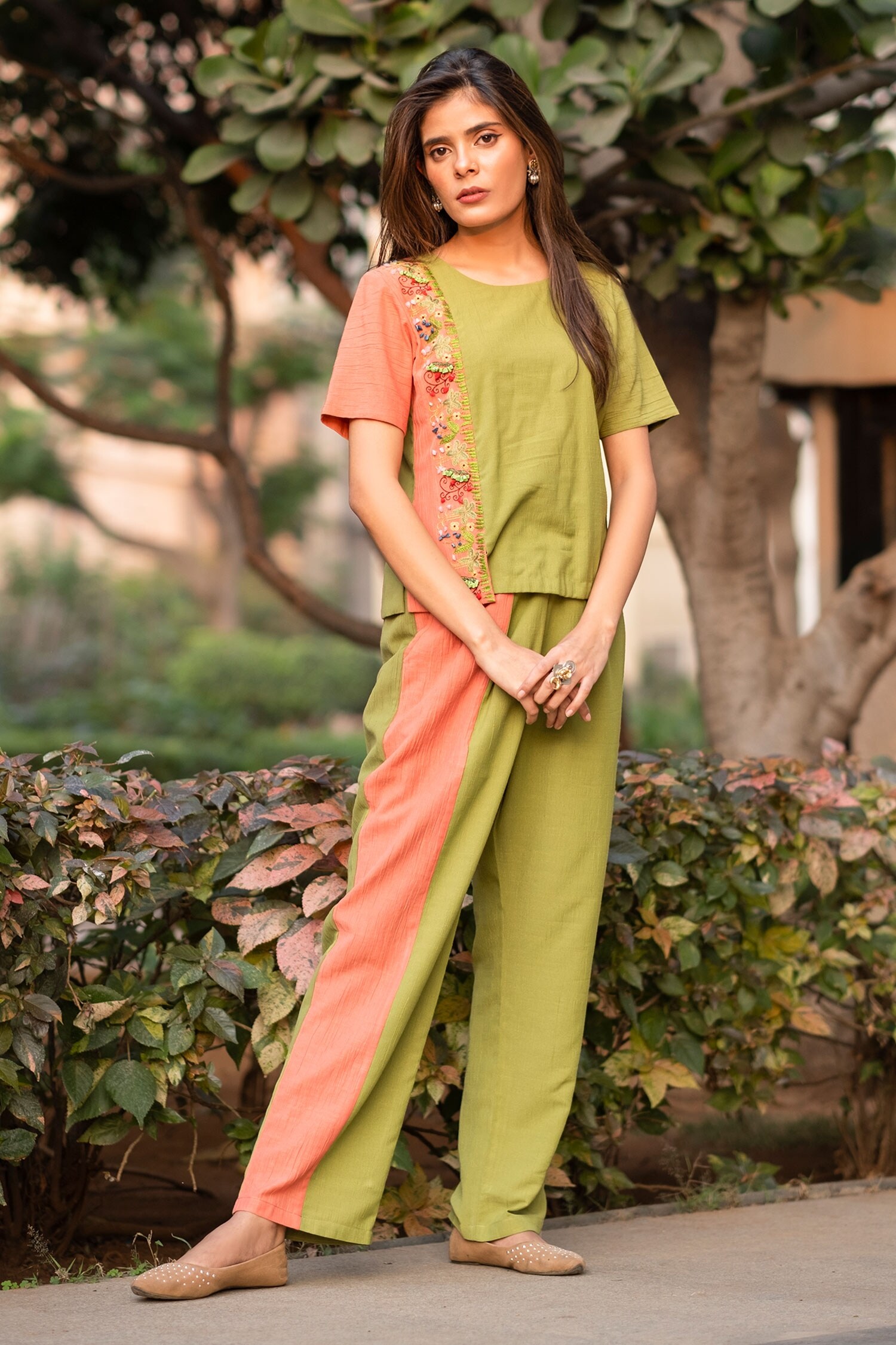 S&A by Anu Pellakuru Green Slub Hand Embroidered Panelled Top And Pant