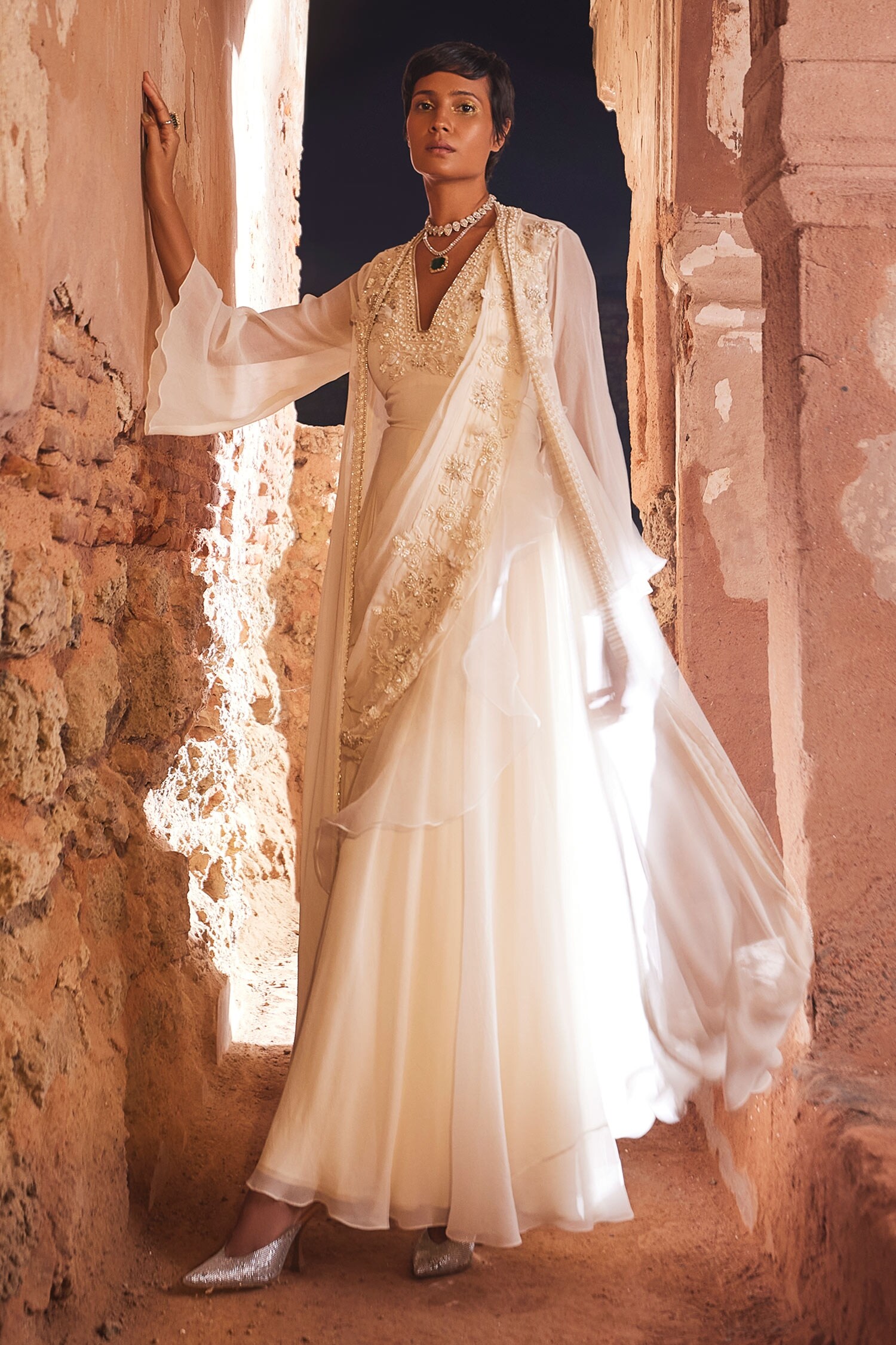 Ridhi Mehra Ivory Aina Chiffon Embroidered Jacket And Jumpsuit Set