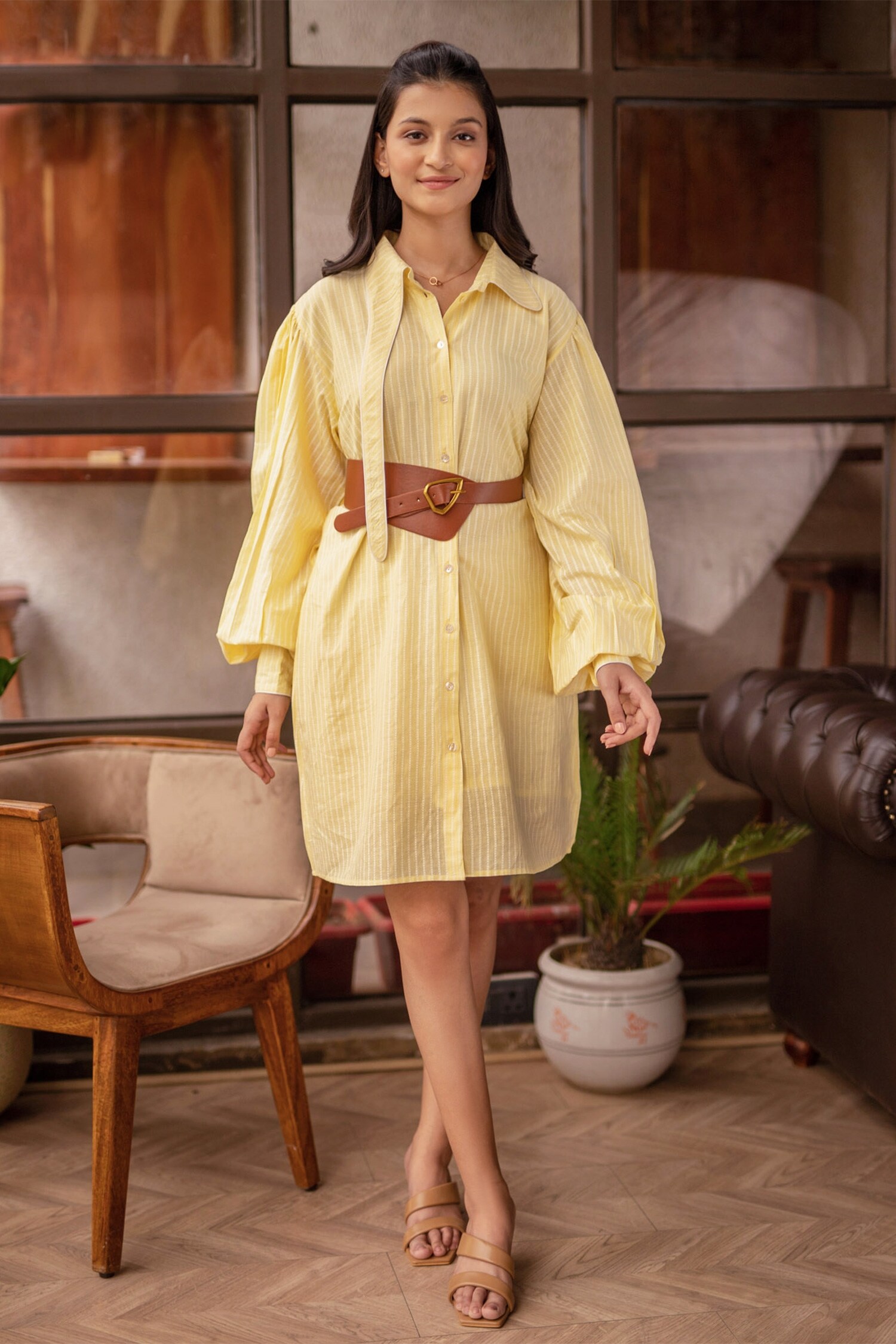 B'Infinite Yellow Cotton Stripe Print Shirt Dress