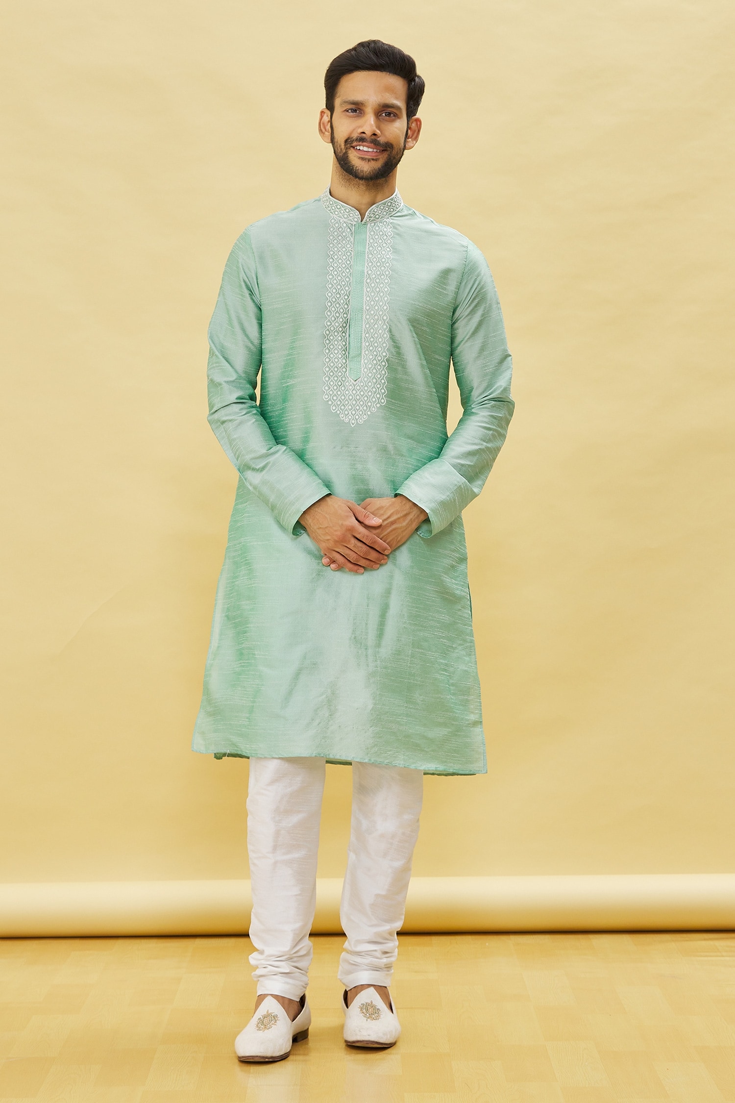 Buy Samyukta Singhania Green Silk Full Sleeve Straight Kurta And Churidar Set Online Aza Fashions