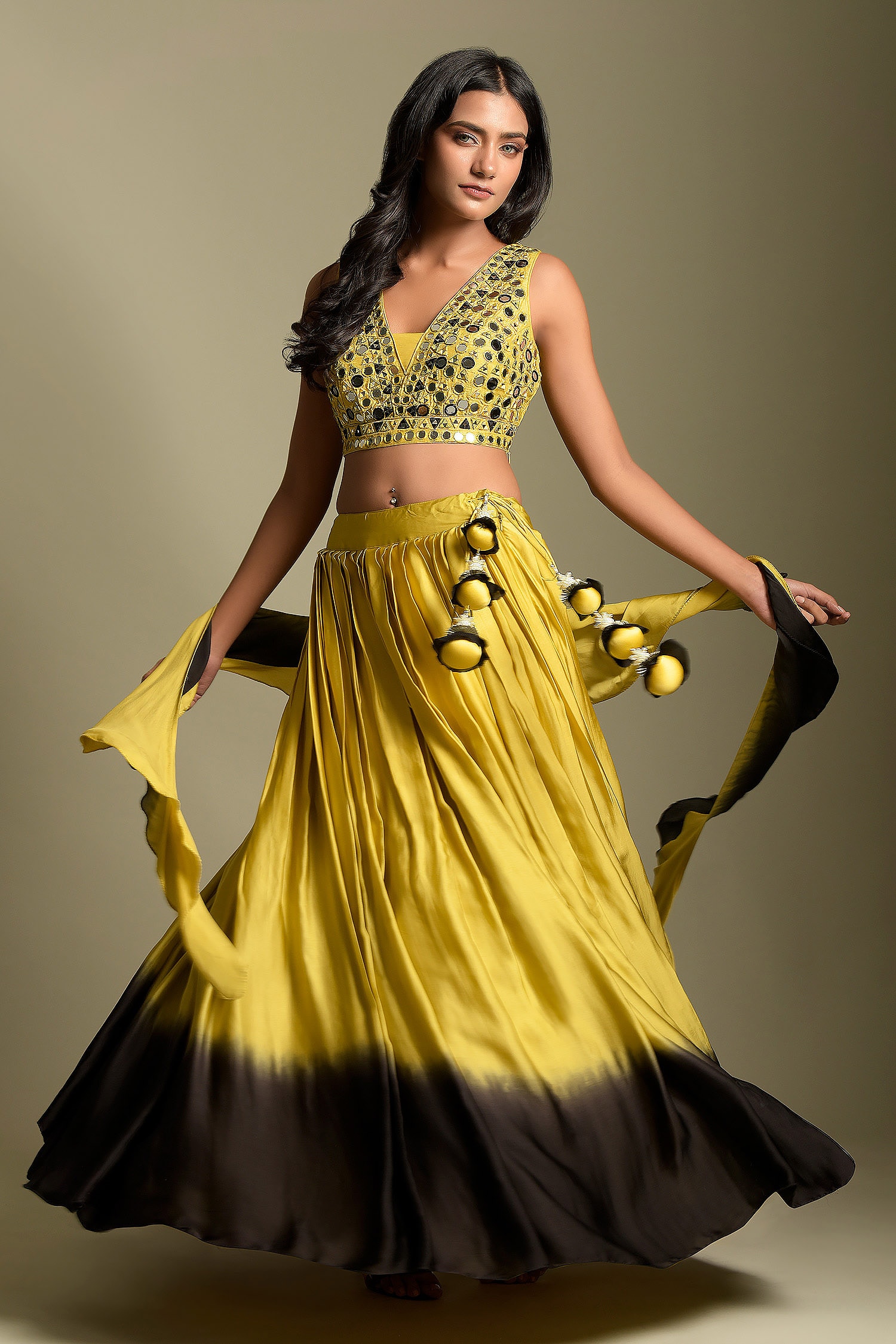 Two Sisters By Gyans Black Crepe Ombre Lehenga Embroidered Blouse Set