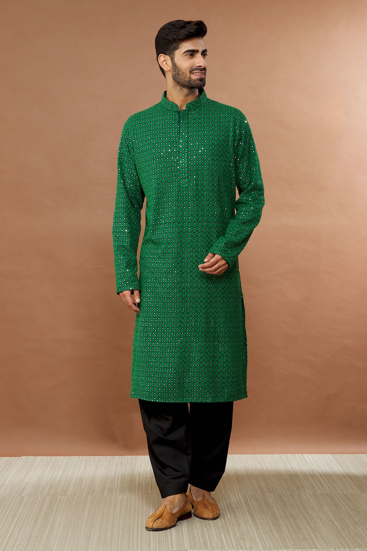 Aham-Vayam Green Cotton Sitara Embroidered Kurta And Patiala Set