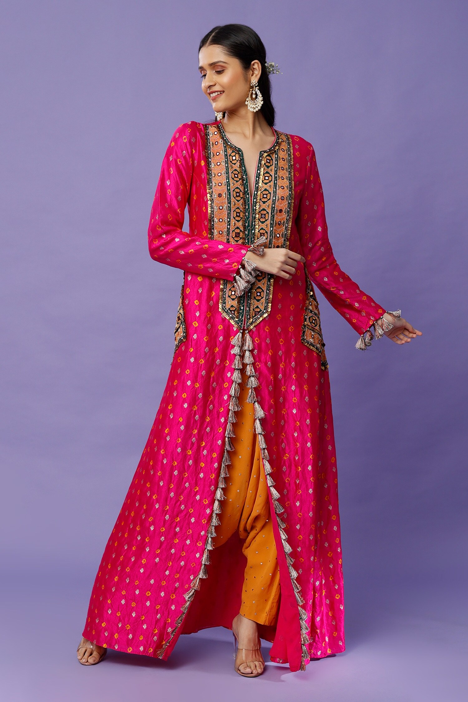Payal Singhal Pink Silk Bandhani Pattern Kurta With Dhoti Pant