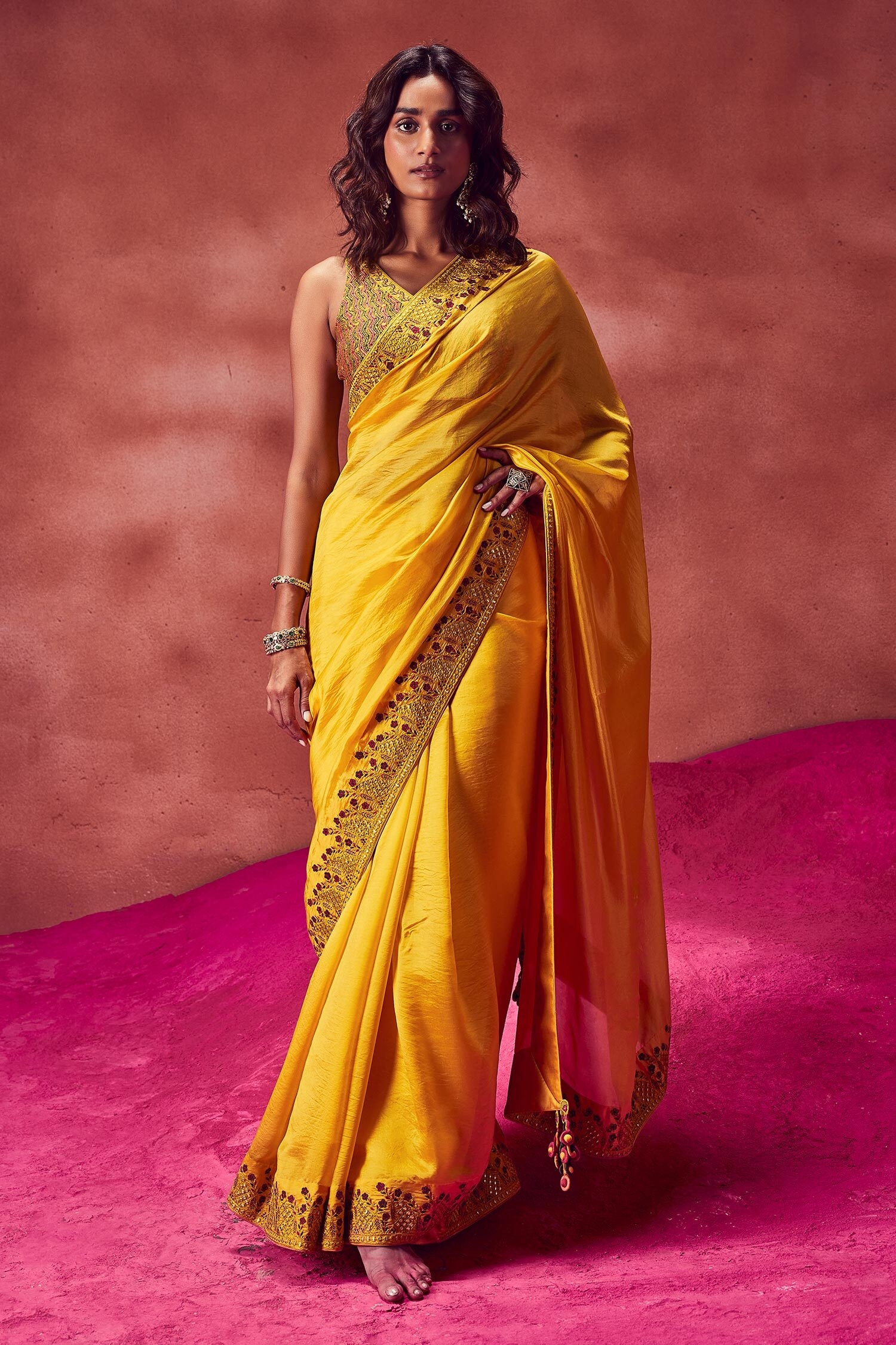 Punit Balana Yellow Organza Silk Border Embroidered Saree With Blouse