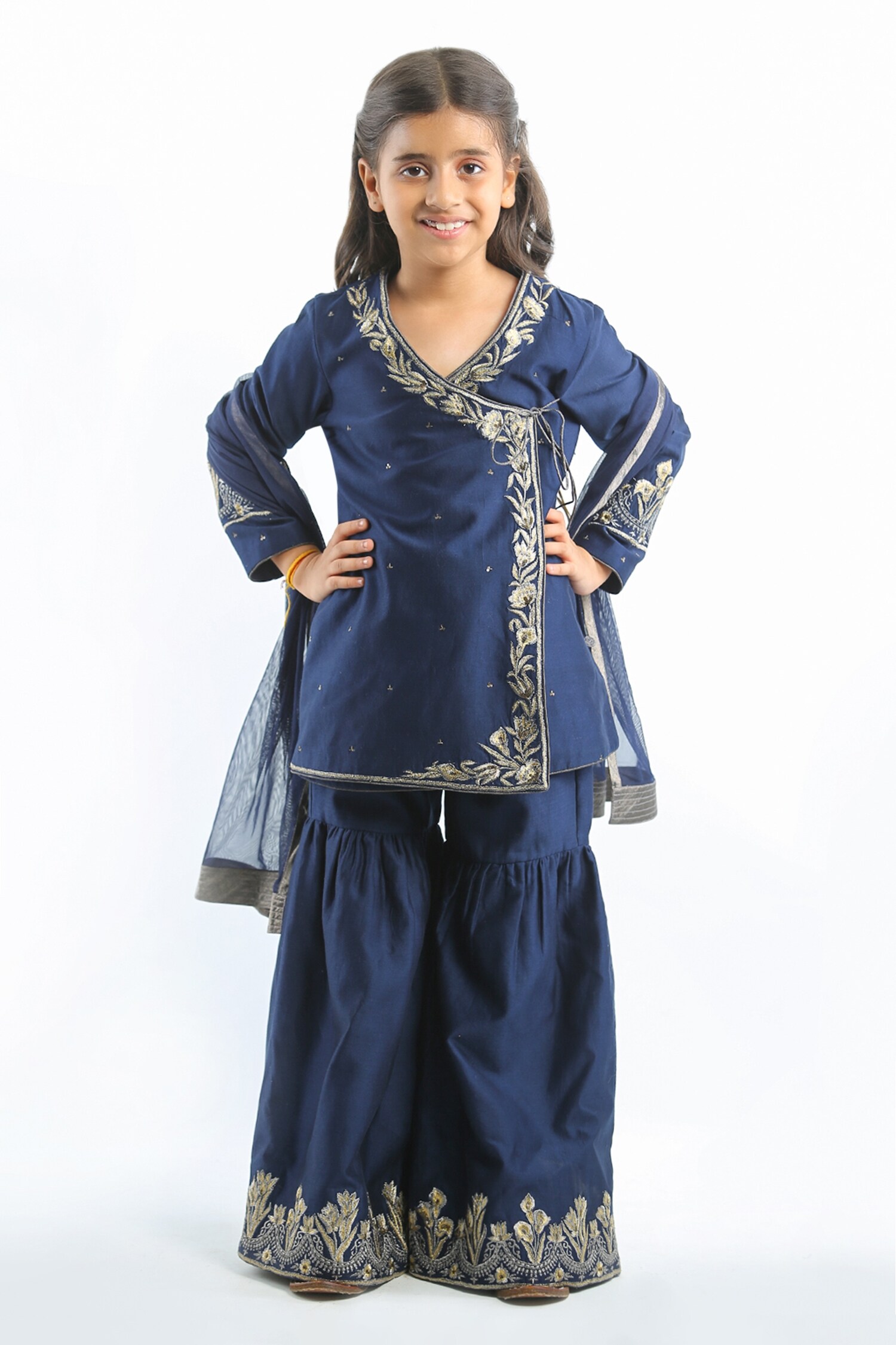Rohit Bal Blue Chanderi Angrakha Sharara Set For Girls
