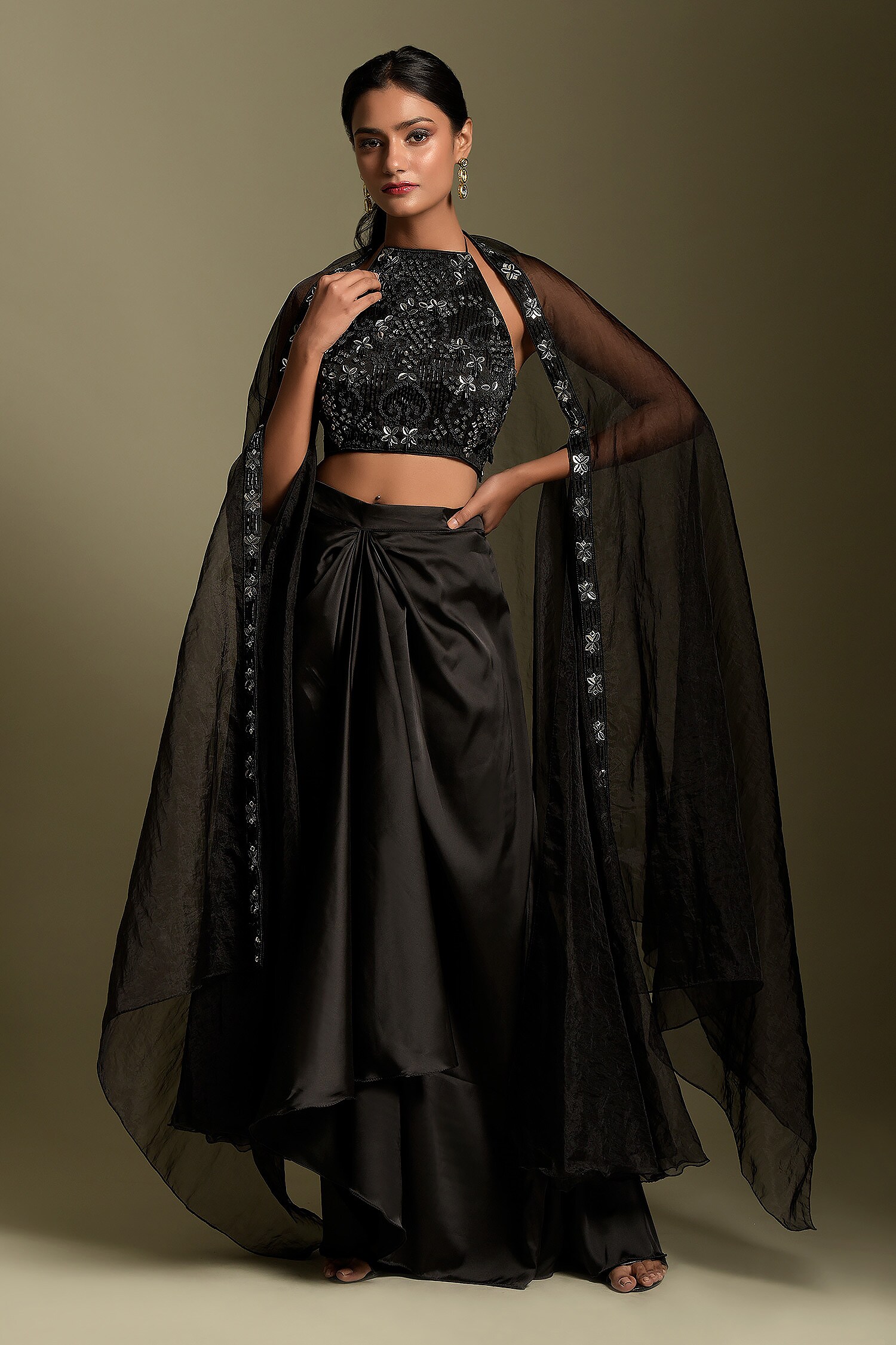 Two Sisters By Gyans Black Organza Embellished Blouse Draped Skirt Set