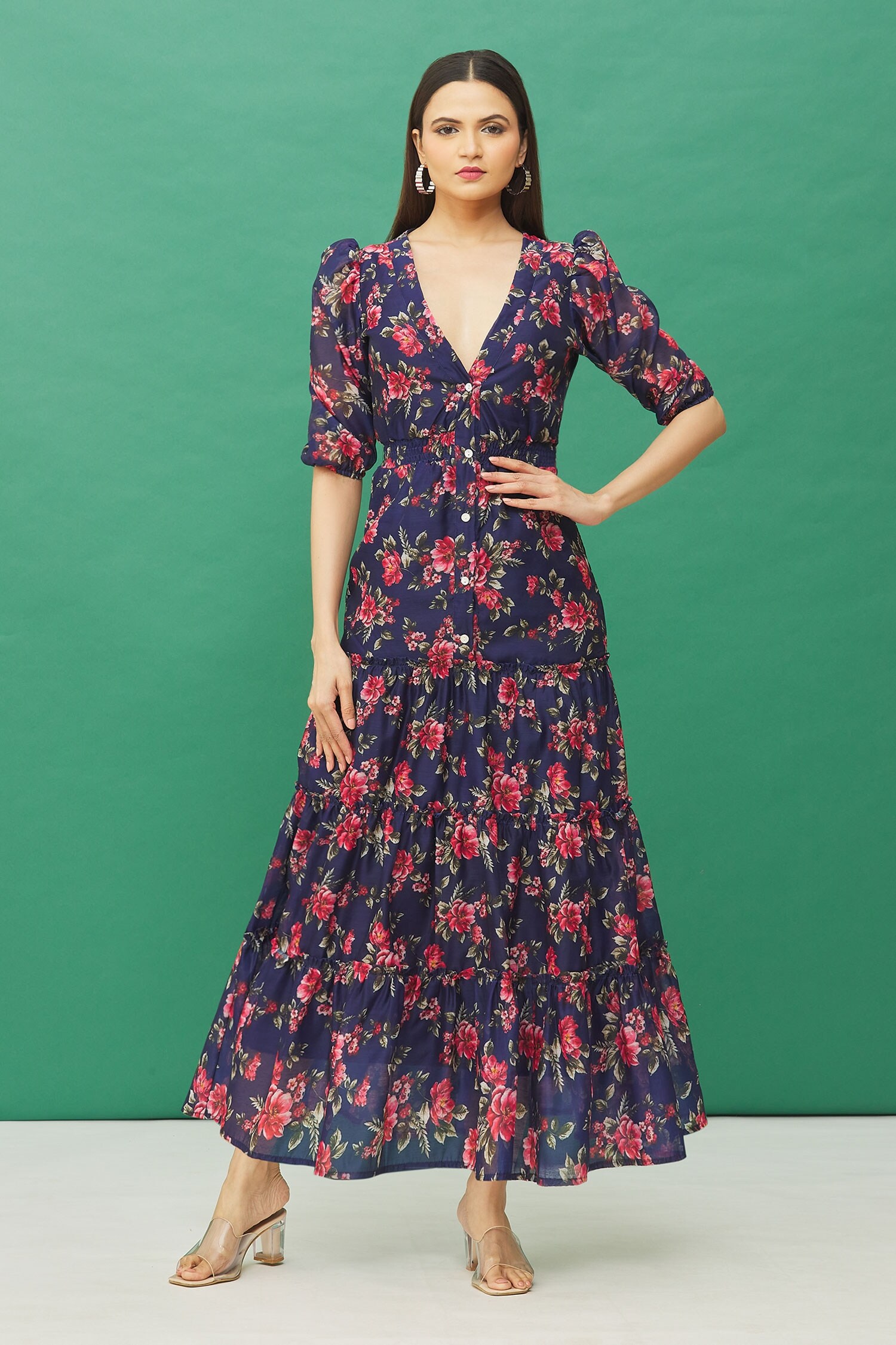 Samyukta Singhania Blue Chanderi Floral Print Tiered Dress