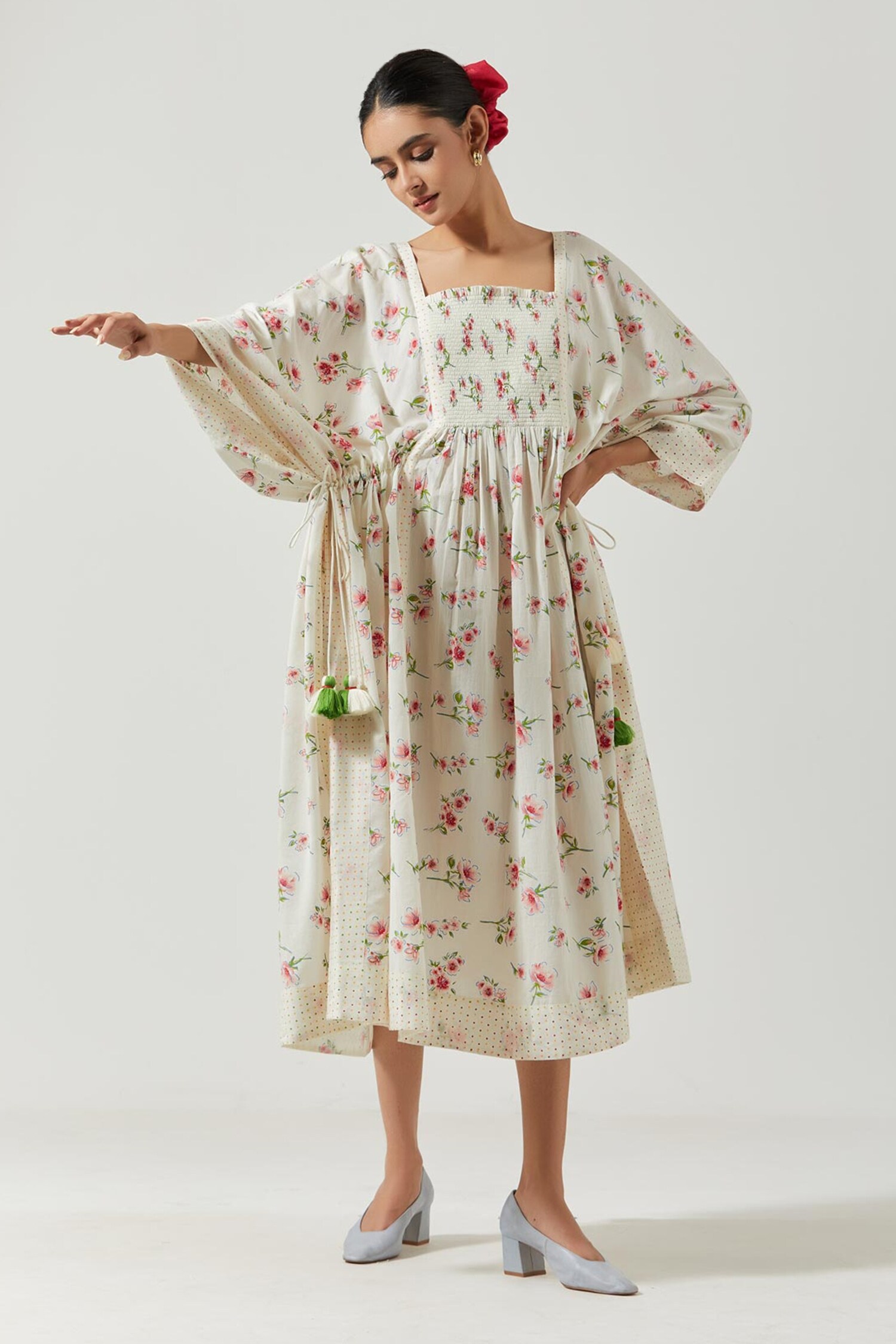 Label Earthen Ivory Cotton Mul Printed Kaftan Dress