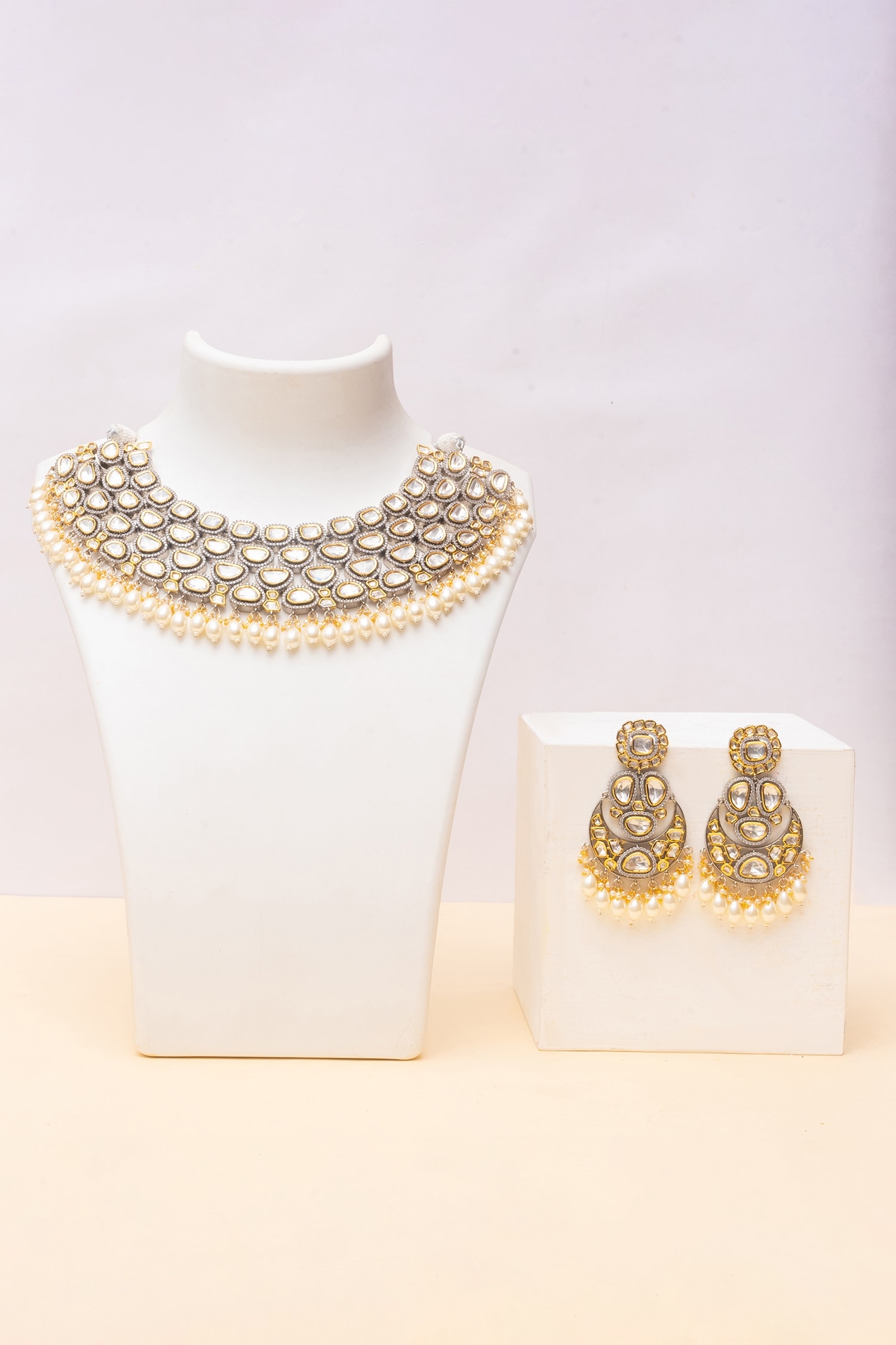 Zevar by Geeta Pearl Drop Kundan Embellished Necklace Jewellery Set