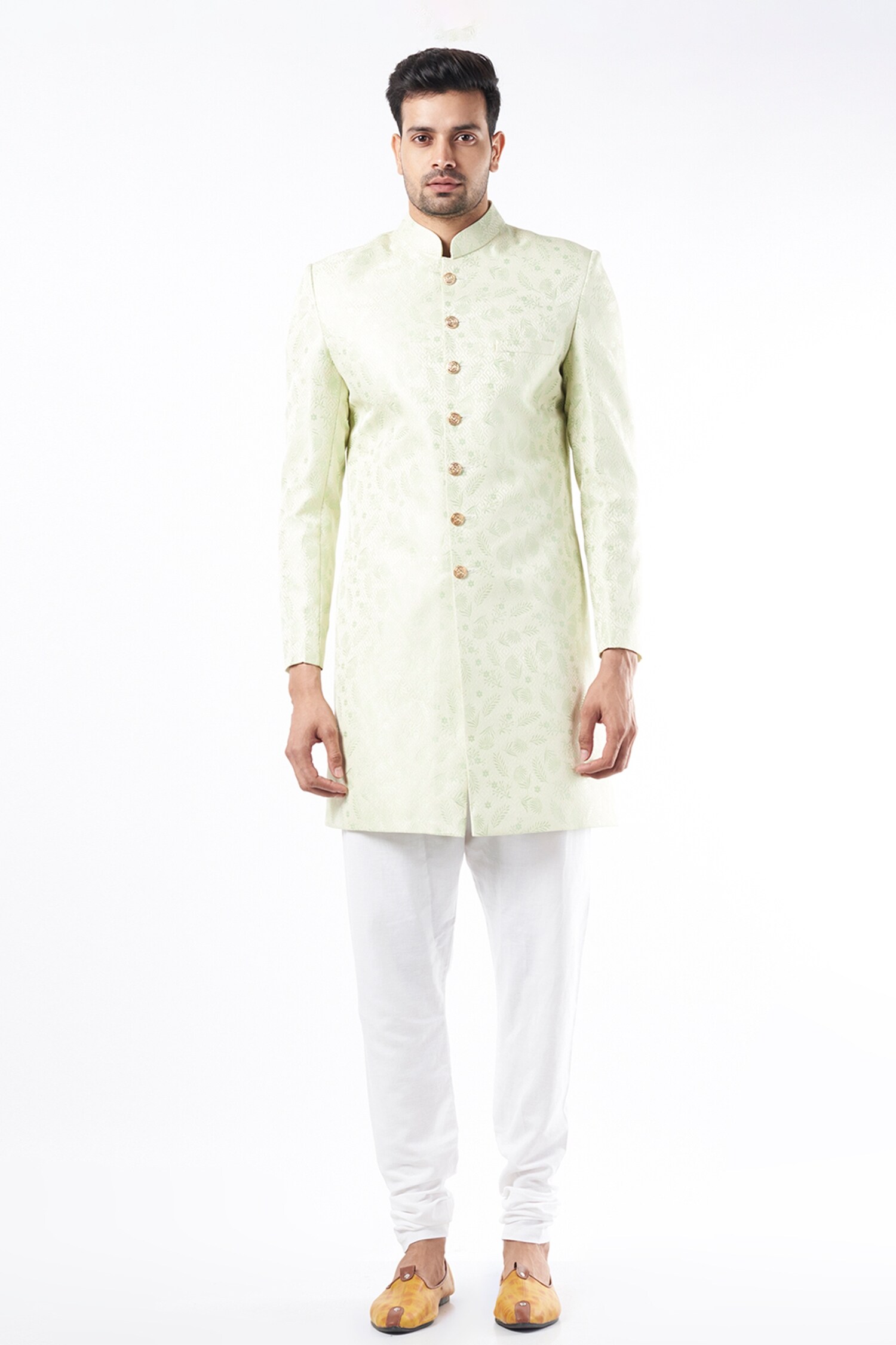 Spring Break Green Polyester Cotton Full Sleeved Sherwani Set
