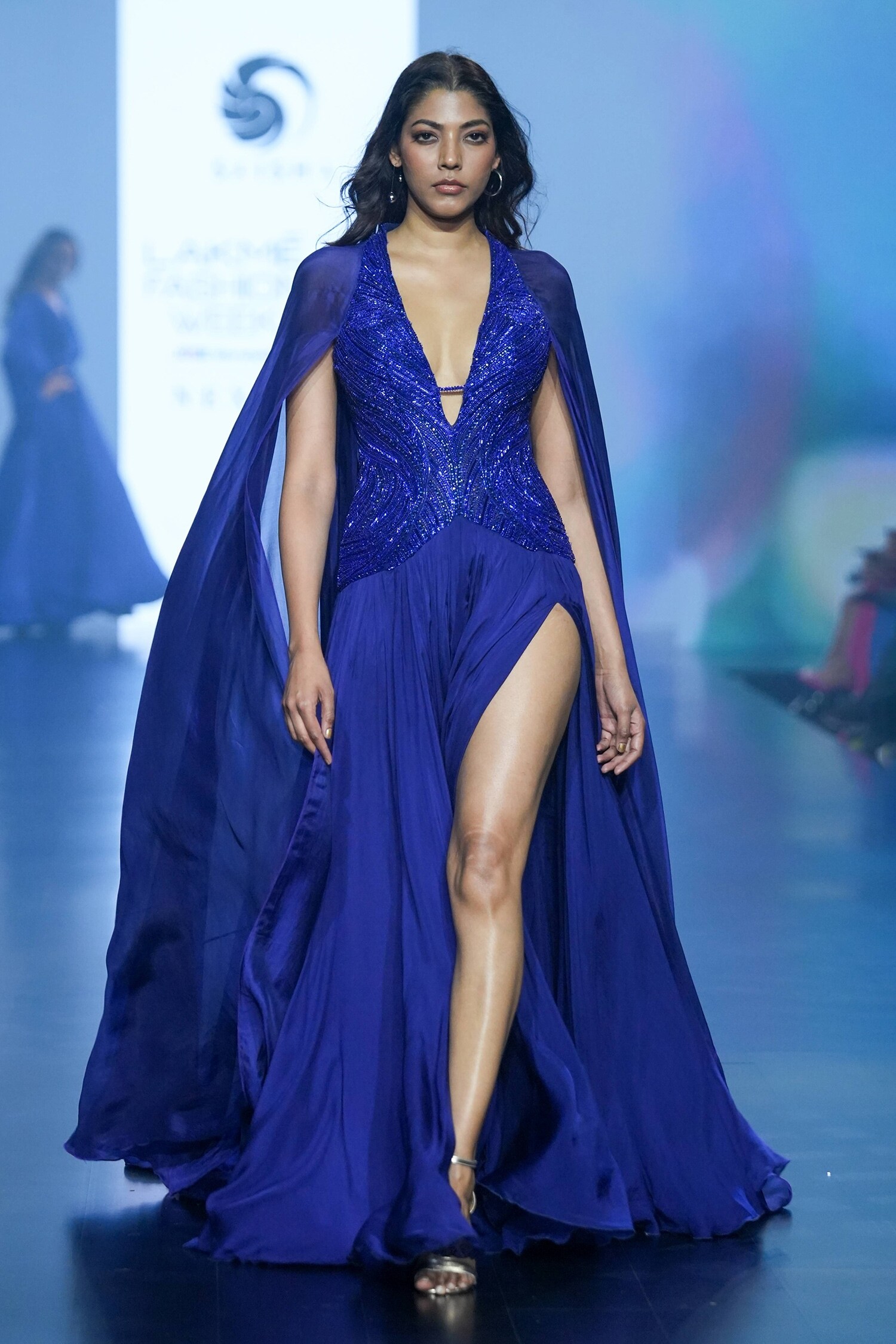 Saisha Shinde Blue Silk Embroidered Front Slit Gown