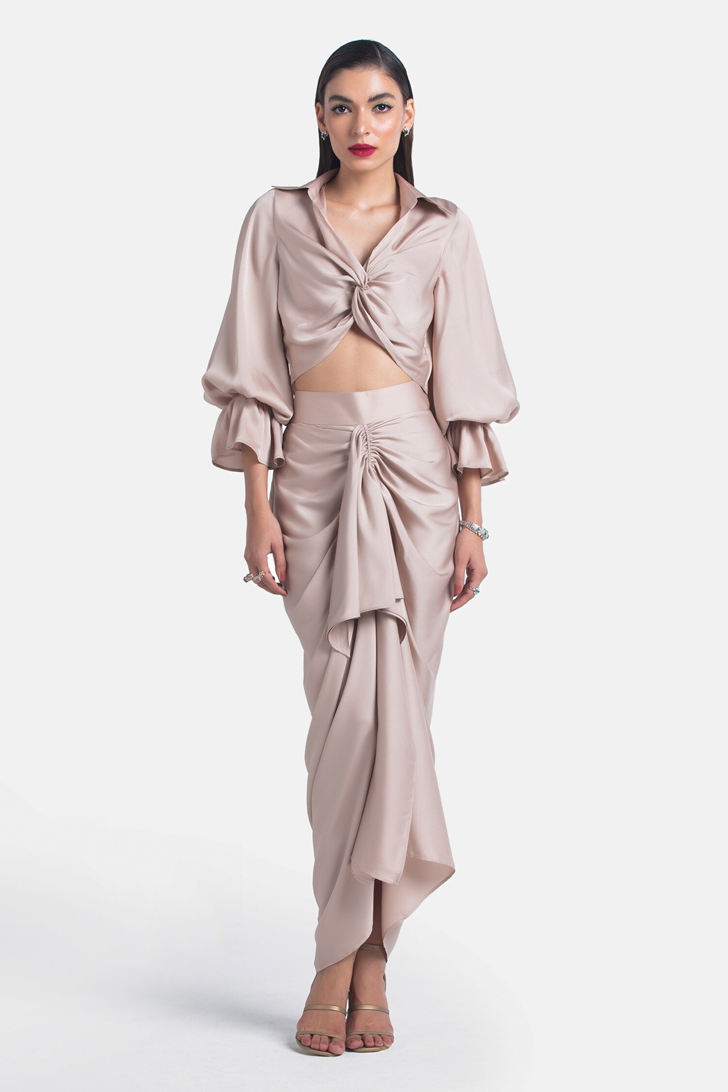 431-88 by Shweta Kapur Beige Satin Sharyn Twisted Top