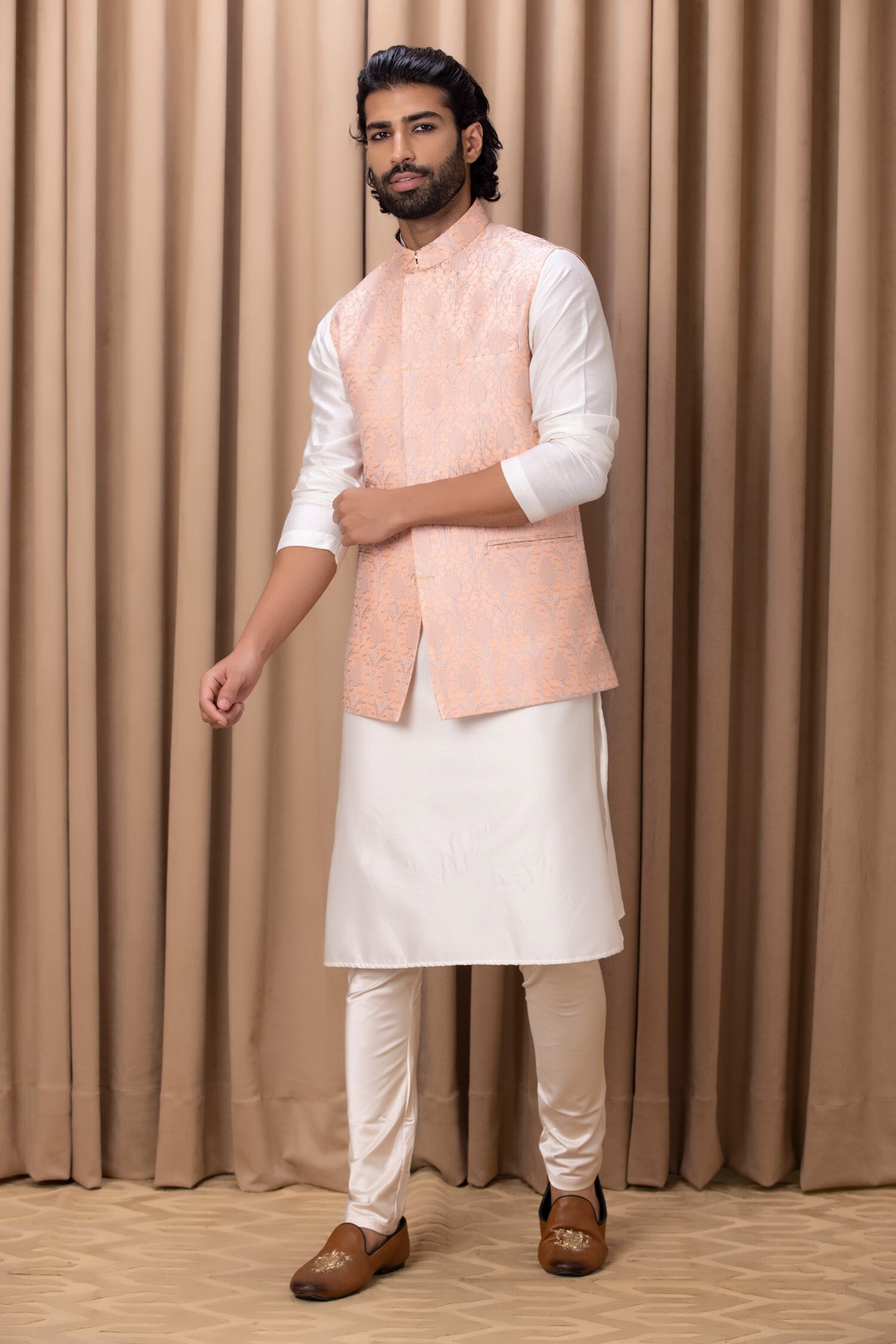Ankit V Kapoor Peach Fahad Embroidered Cotton Silk Nehru Jacket