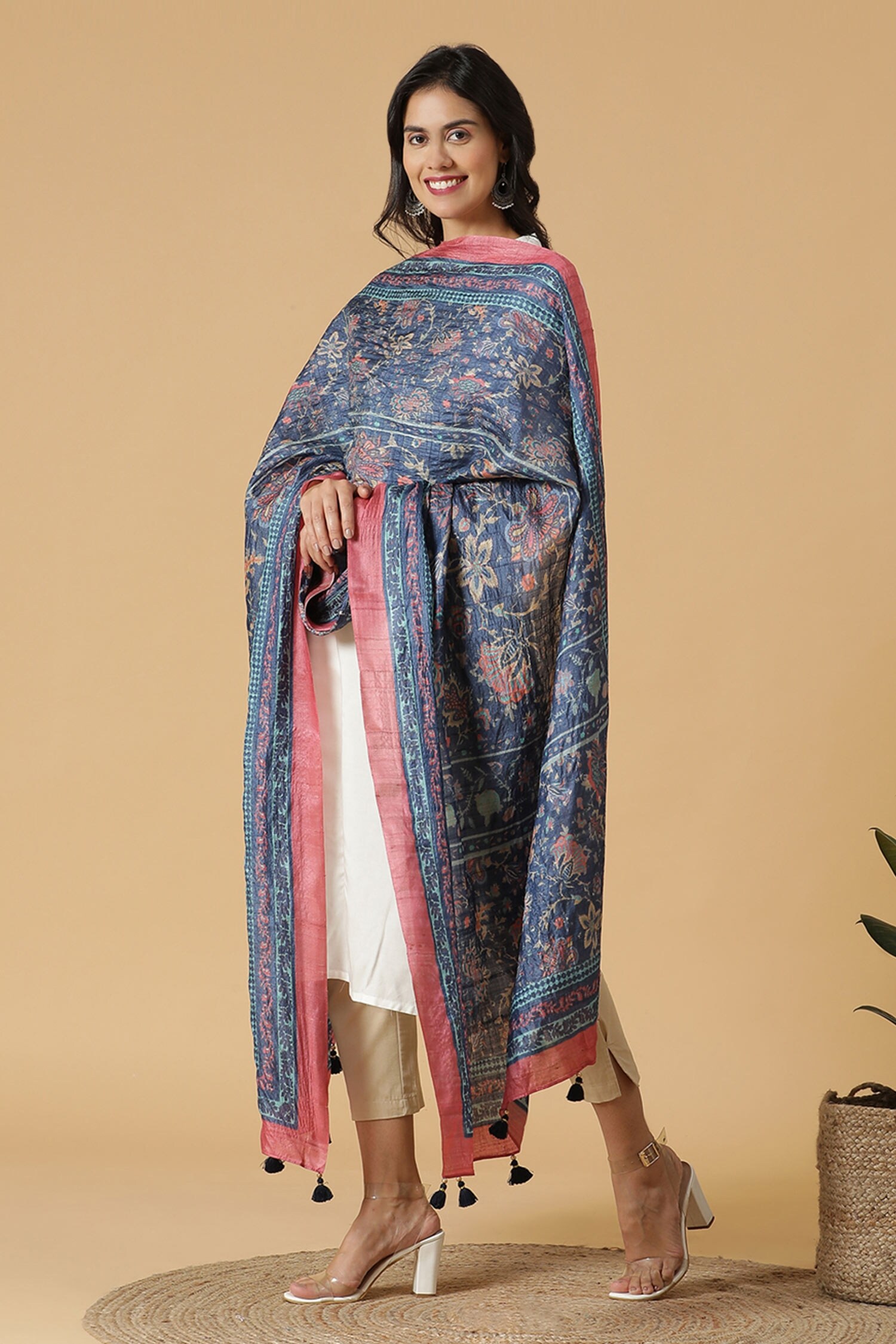 Shingora Blue Pure Silk Floral Print Dupatta