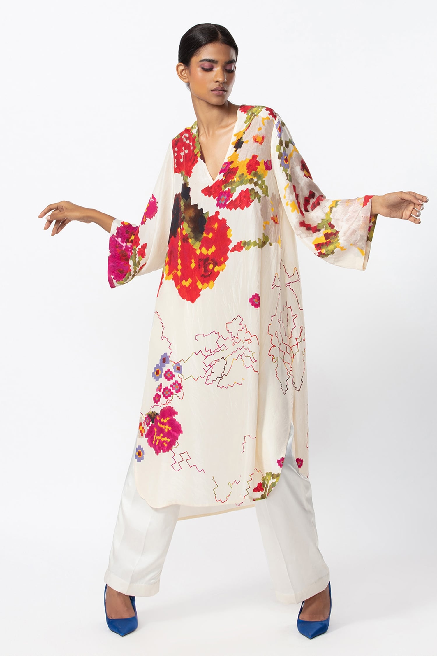 Saaksha & Kinni Ivory Silk Abstract Floral Placement Print Kurta
