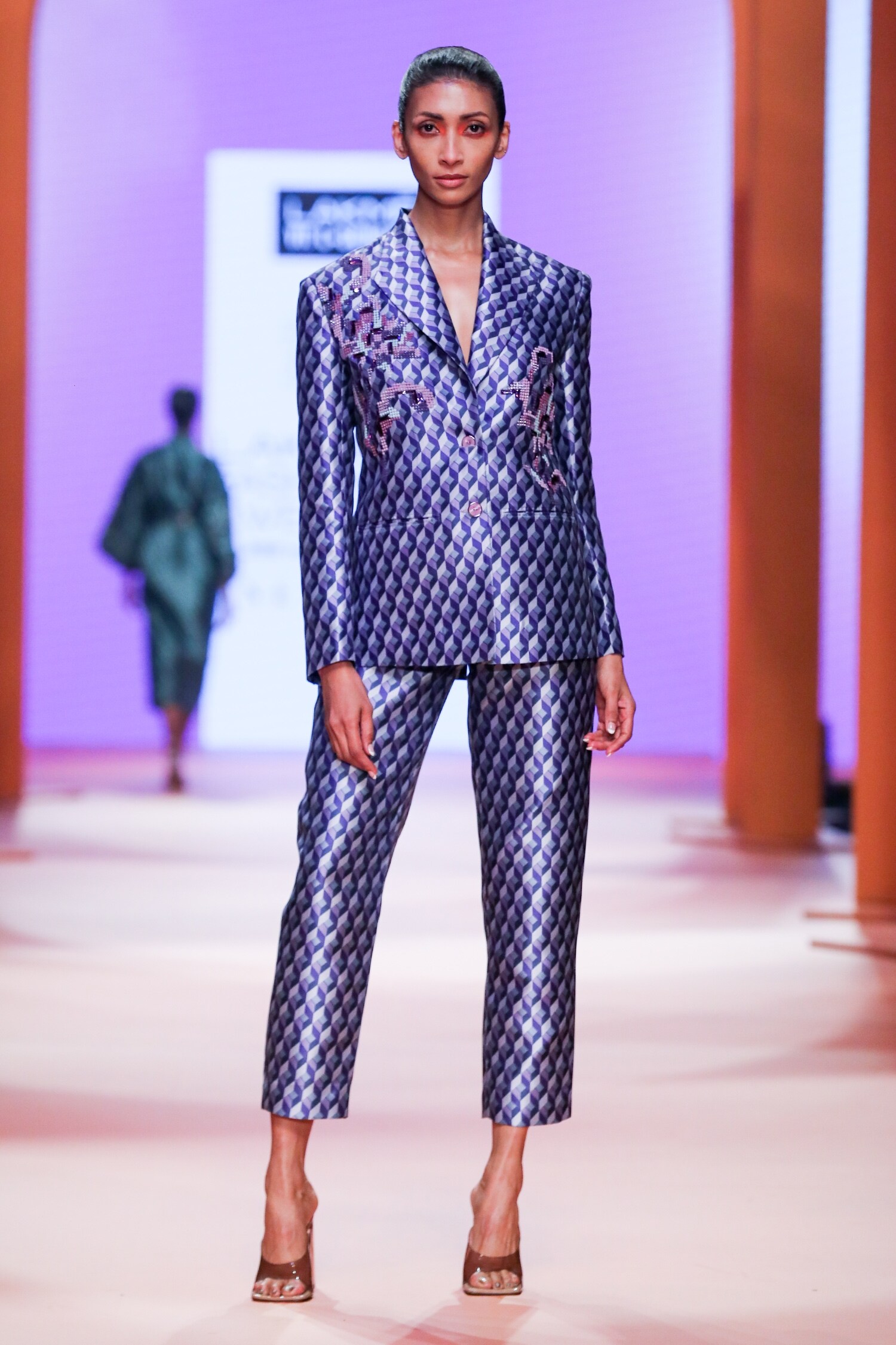 Pankaj & Nidhi Purple Satin Twill Lined With Satin Dawn Geometric Print Blazer