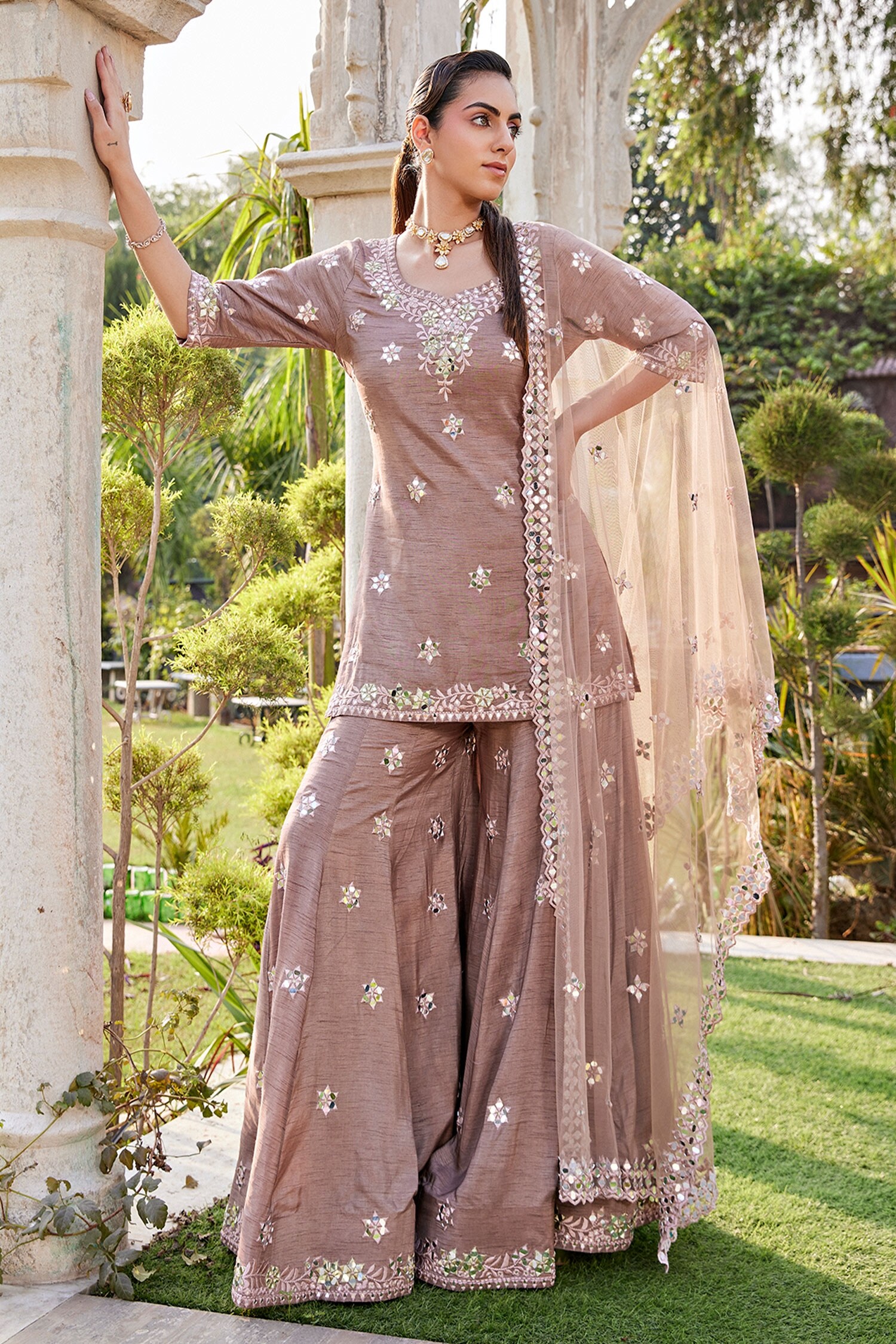 Mehak Murpana Brown Dupion Crepe Mirror Embroidered Kurta Sharara Set