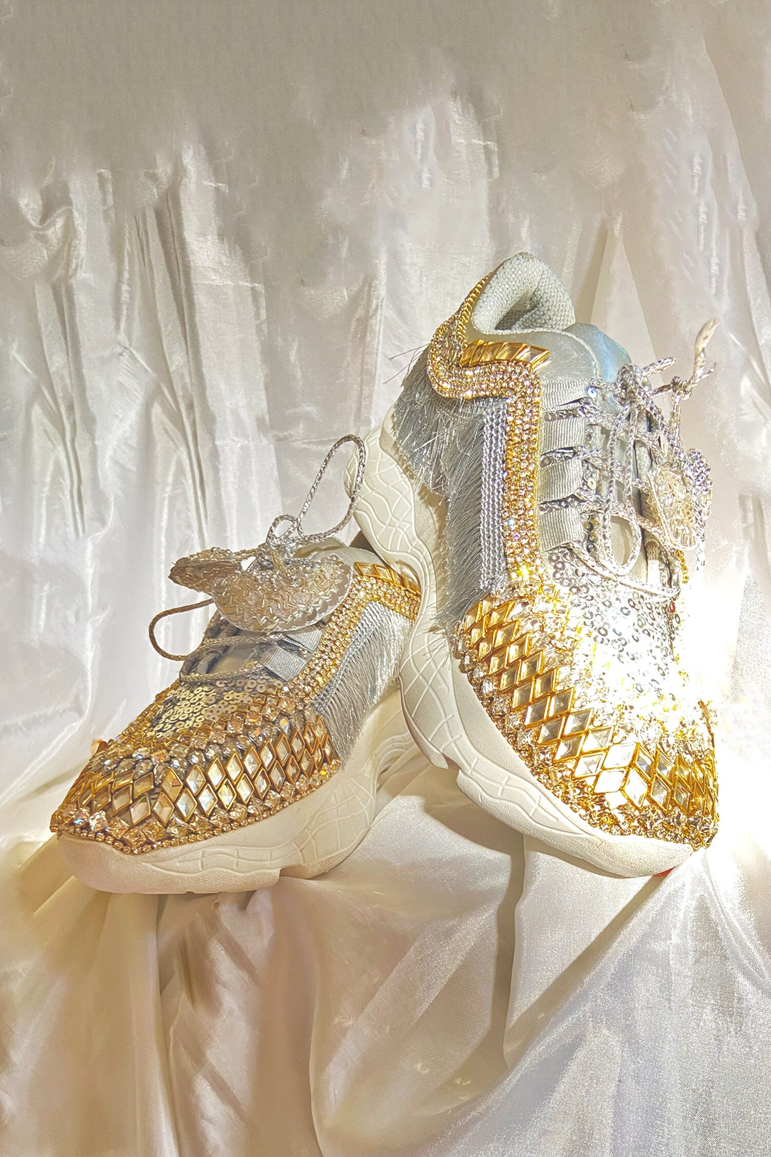 Chal Jooti Silver Synthetic Leather Tsarina Embellished Wedding Sneakers