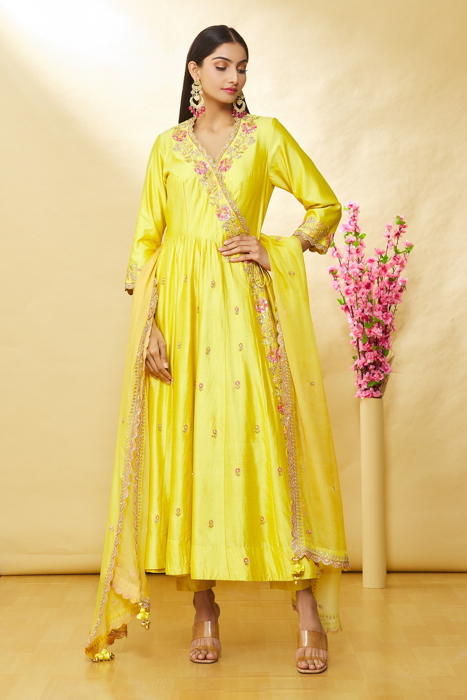 Surbhi shah Yellow Pure Spun Silk Sequin And Threadwork Angrakha Kurta Set