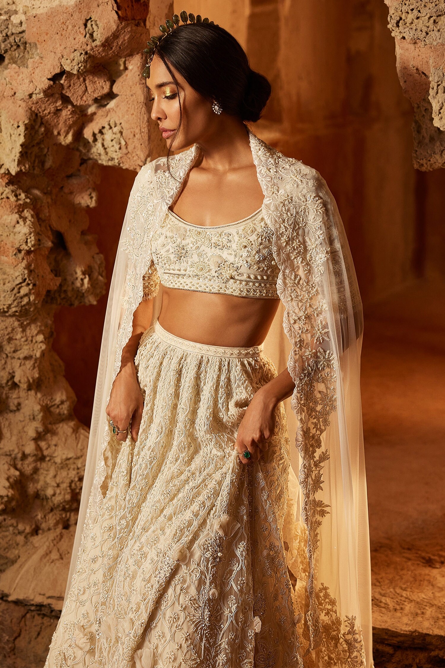 Ridhi Mehra Ivory Net Mir Floral Embroidered Lehenga Set