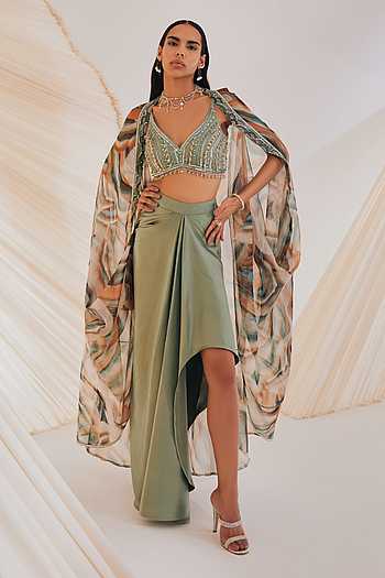 Deeksha Khurana in our Mint Green Skirt & Blossom Cape Set main image 1