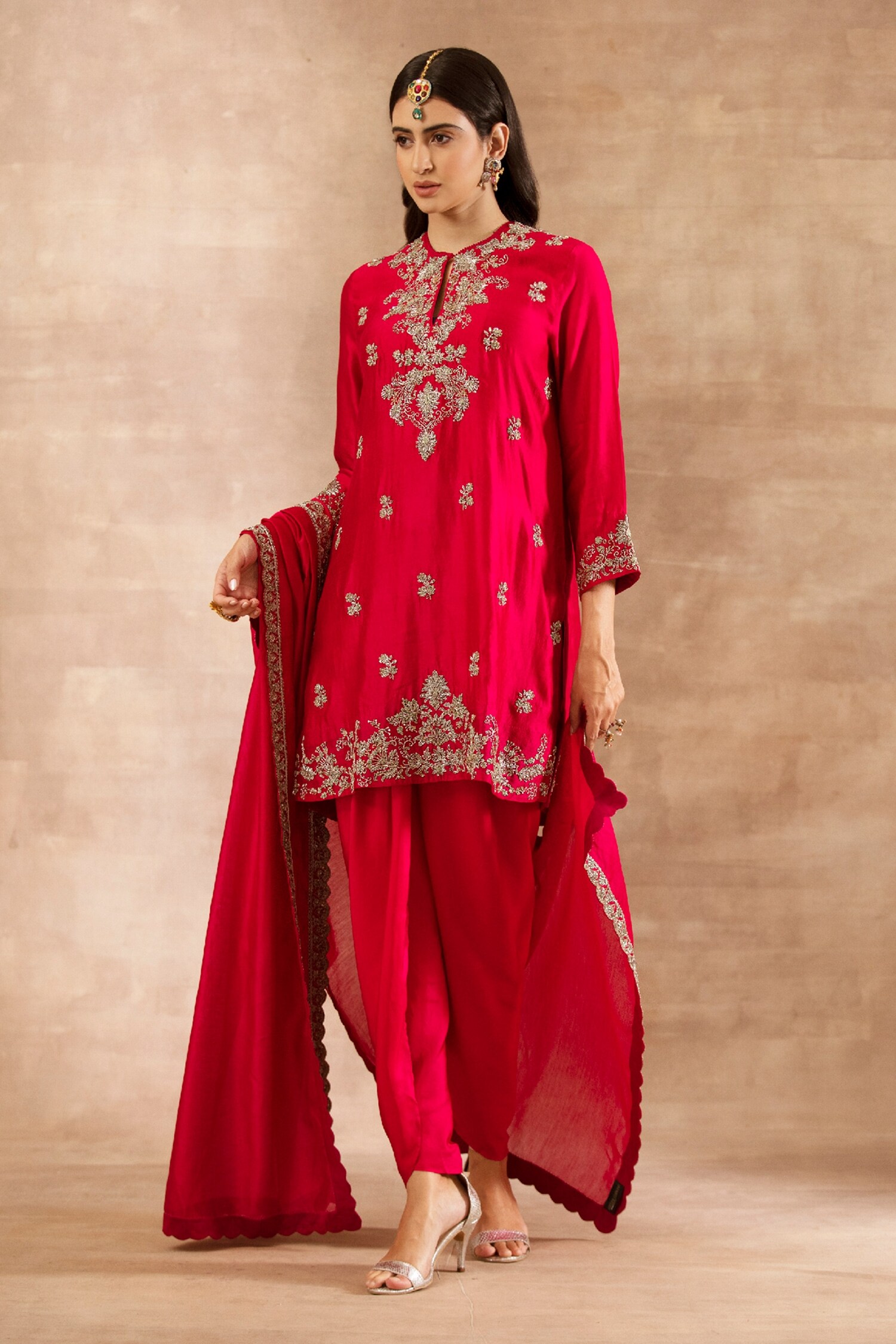 JAYANTI REDDY Pink Silk Floral Embroidered Tunic Dhoti Pant Set