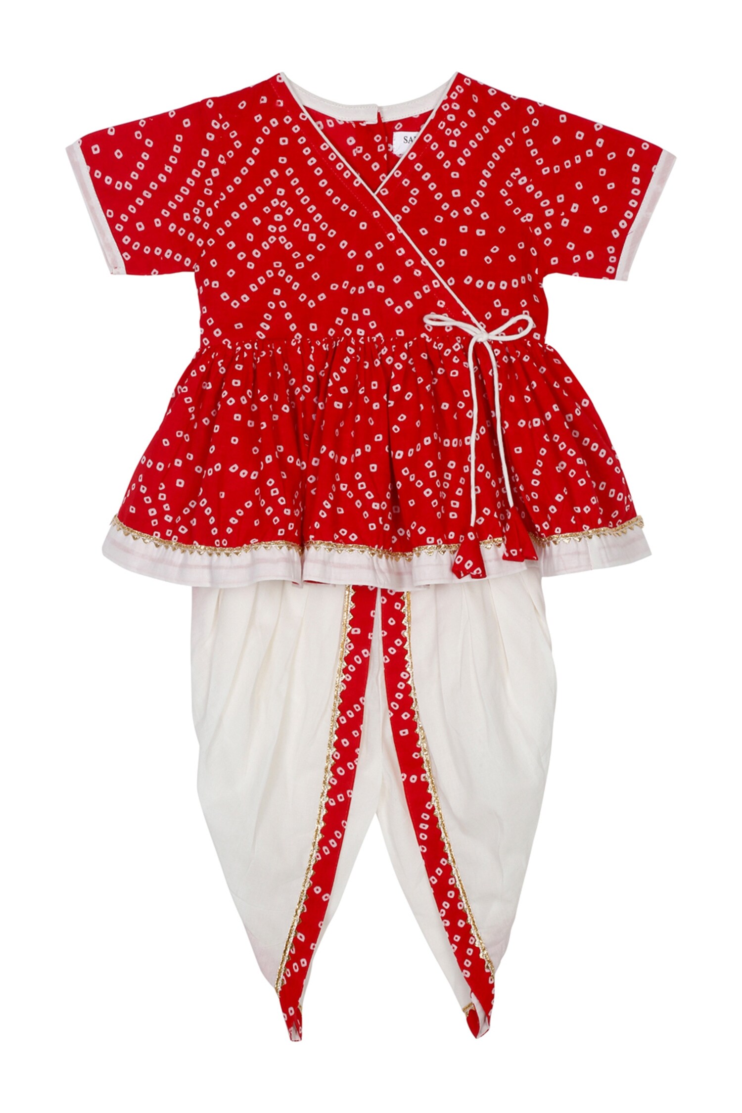 Saka Designs White Bandhani Pattern Peplum Top With Dhoti Pant For Girls