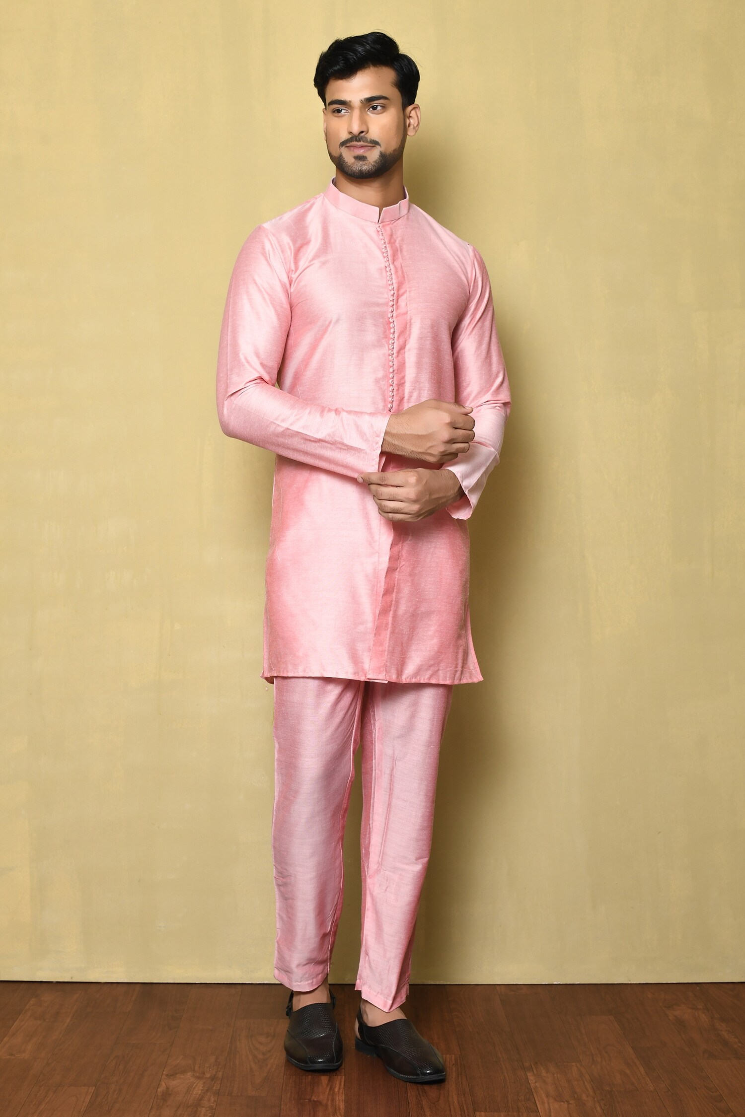Buy Naintara Bajaj Pink Cotton Silk Band Collar Kurta Set Online Aza