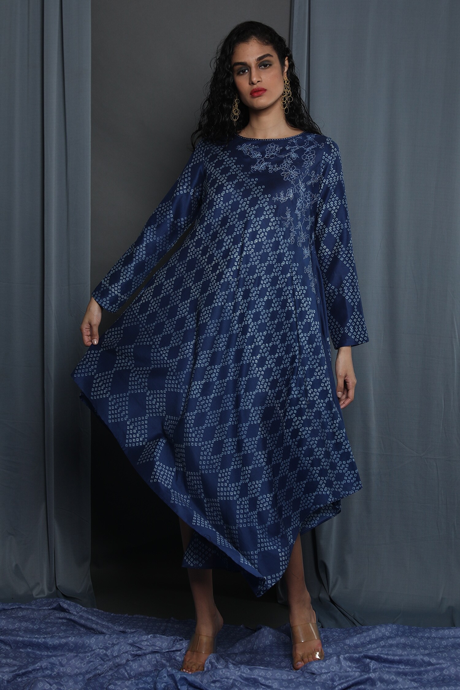 Krishna Mehta Blue Chanderi Printed Asymmetrical Tunic