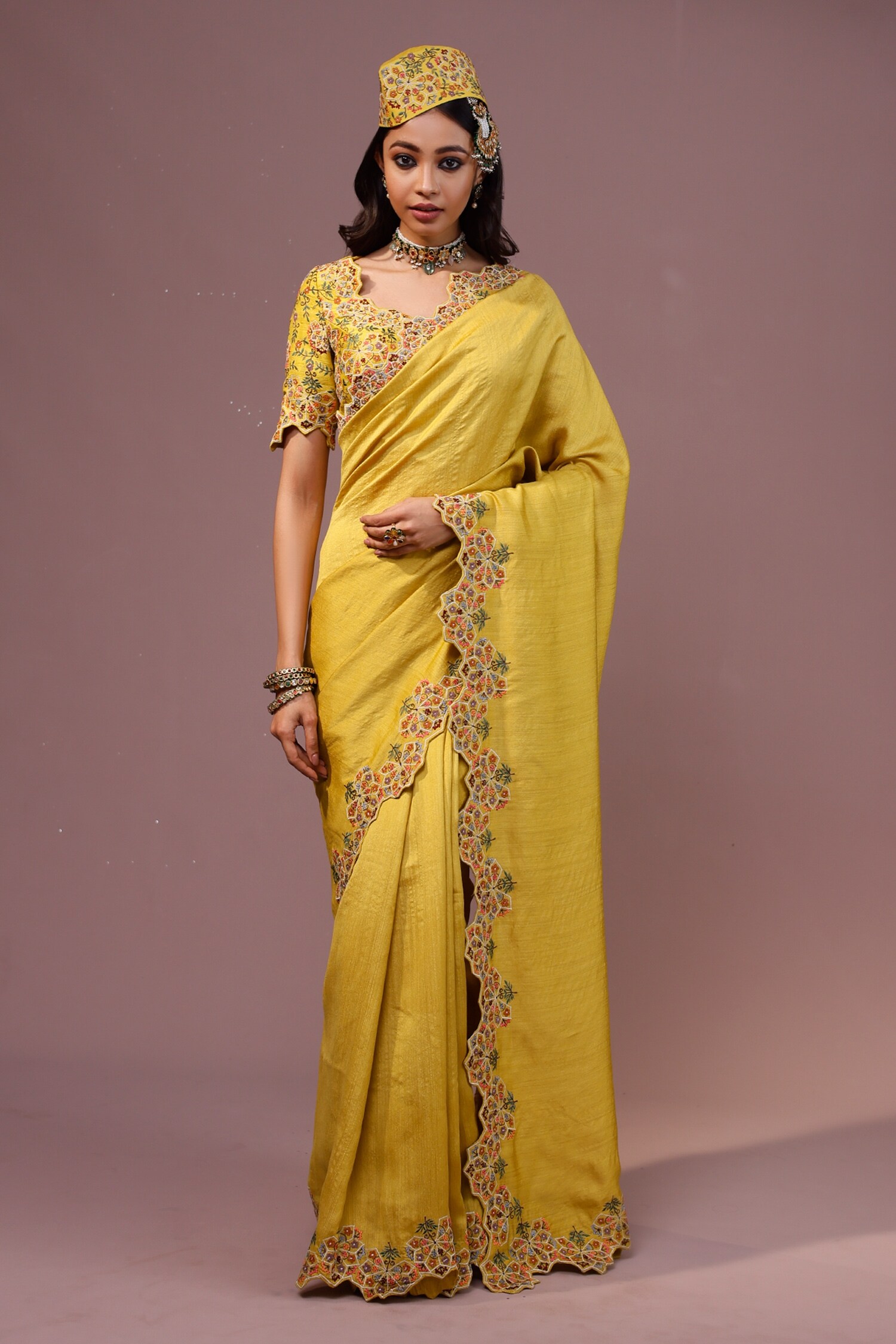Rishi and Soujit Yellow Floral Border Embroidered Saree With Blouse