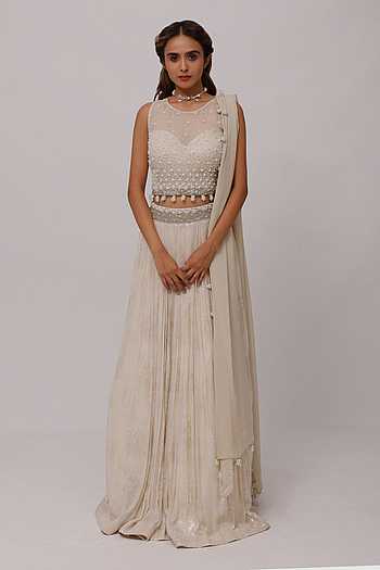 LIGHT PEACH CHIKANKARI AND BEADS WORK LEHENGA SET main image 1