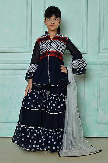 Buy Aryavir Malhotra Blue Polka Dot Pattern Kurta Gharara Set For Girls ...