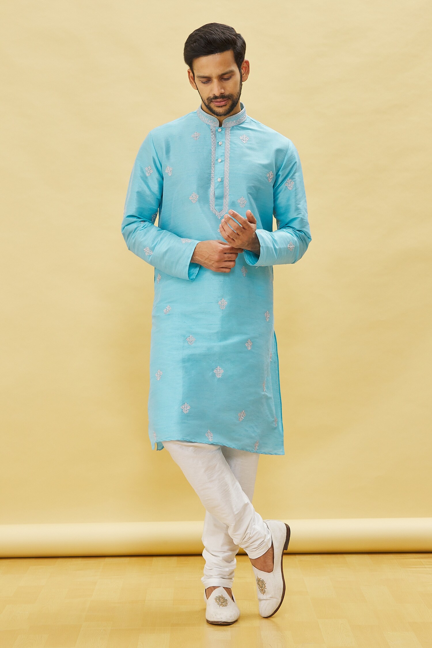 Buy Samyukta Singhania Blue Silk Floral Resham Embroidered Kurta Set