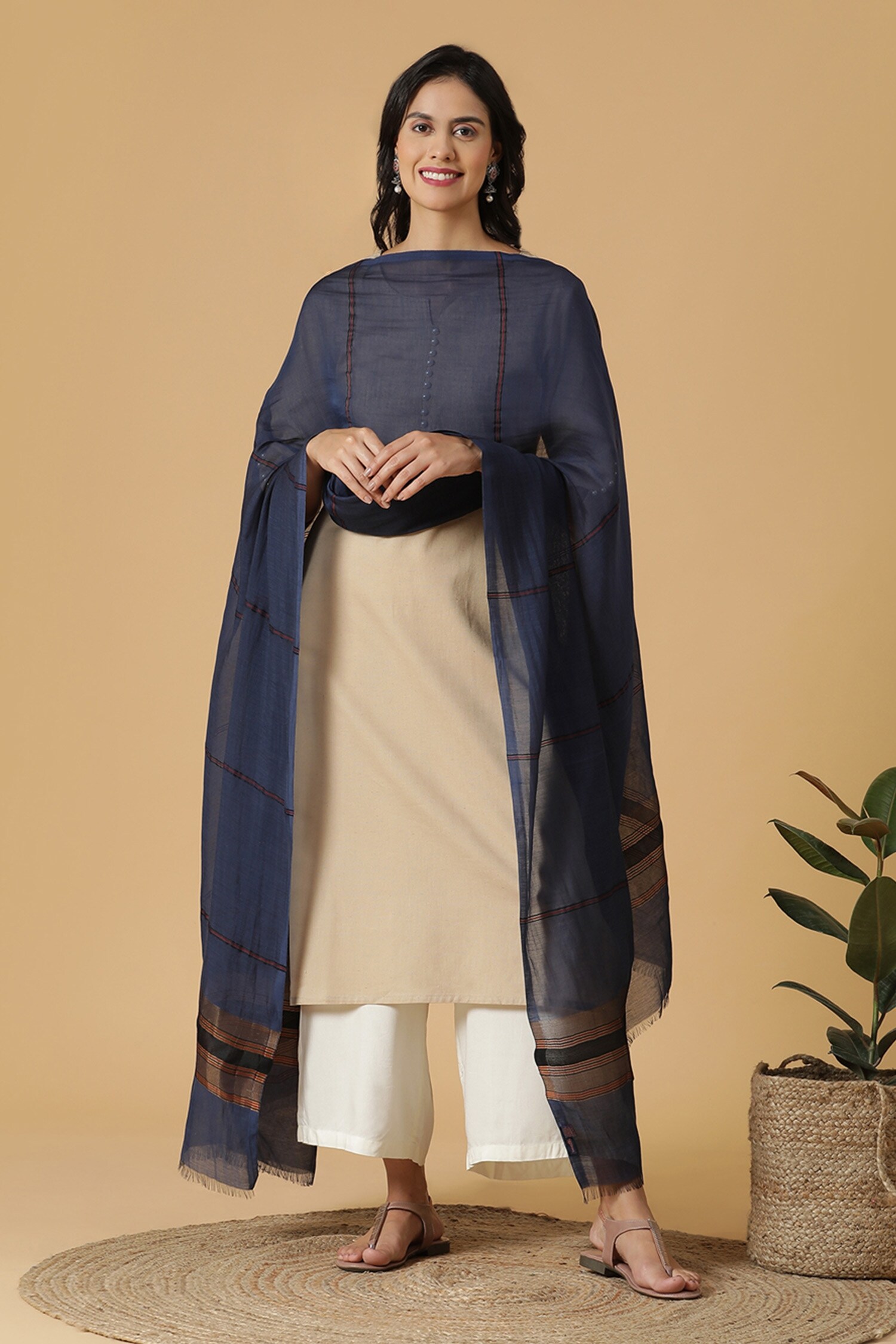 Shingora Blue Silk Stripe Pattern Embroidered Dupatta