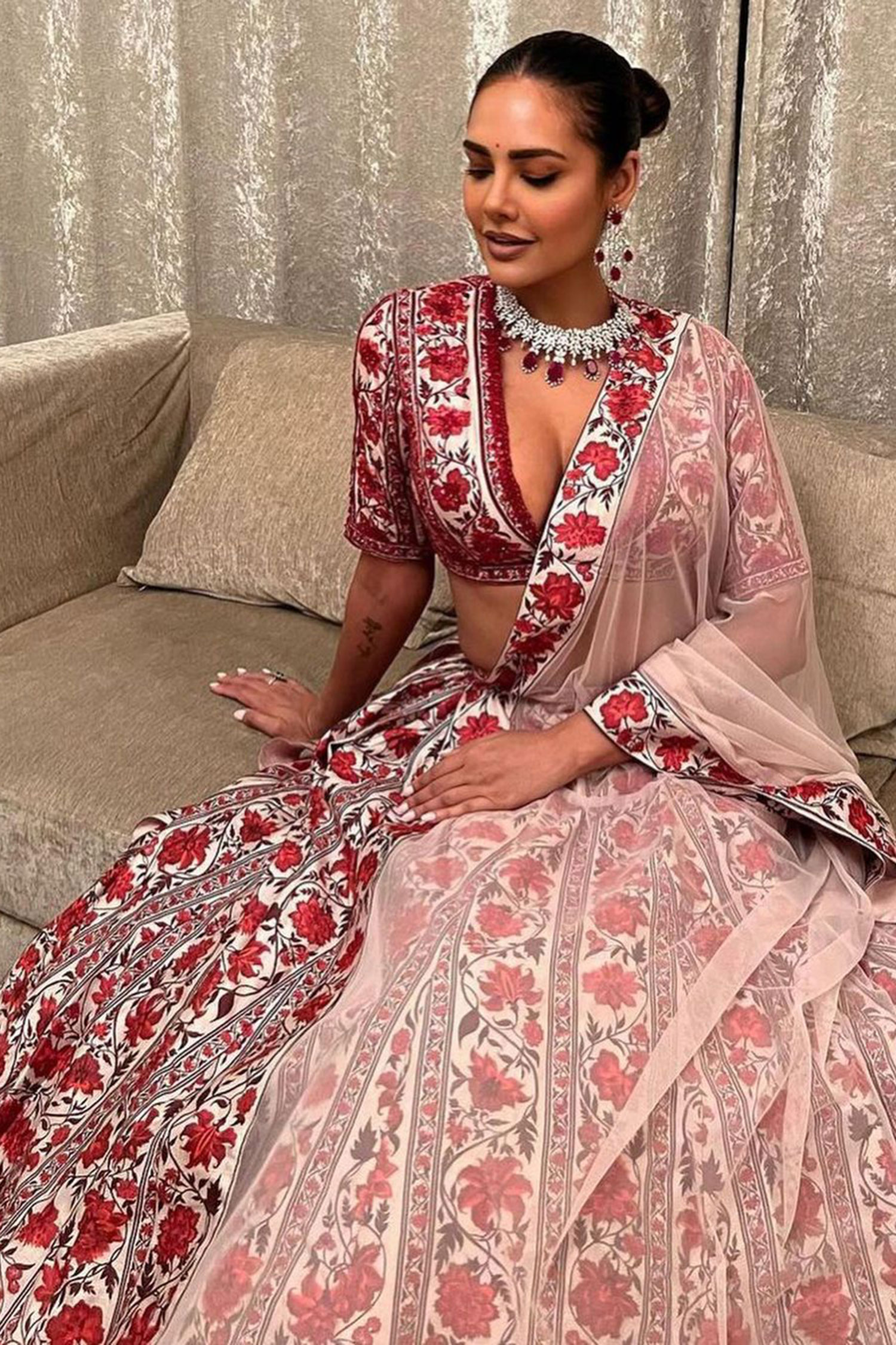 Ridhi Mehra Beige Raw Silk Charmaine Floral Print Lehenga Set