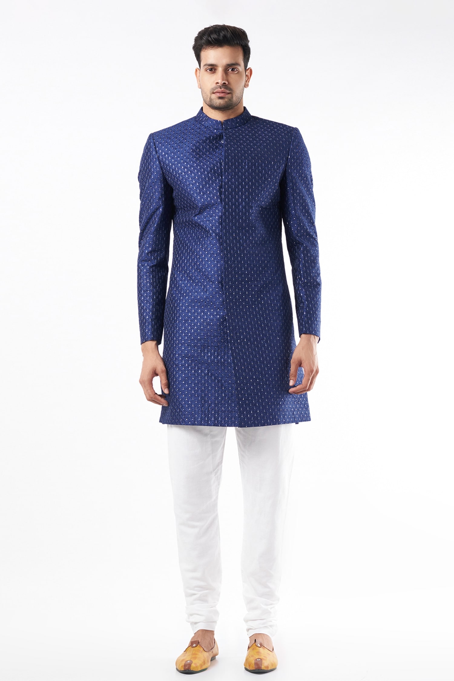 Spring Break Blue Polyester Cotton Embellished Sherwani Set