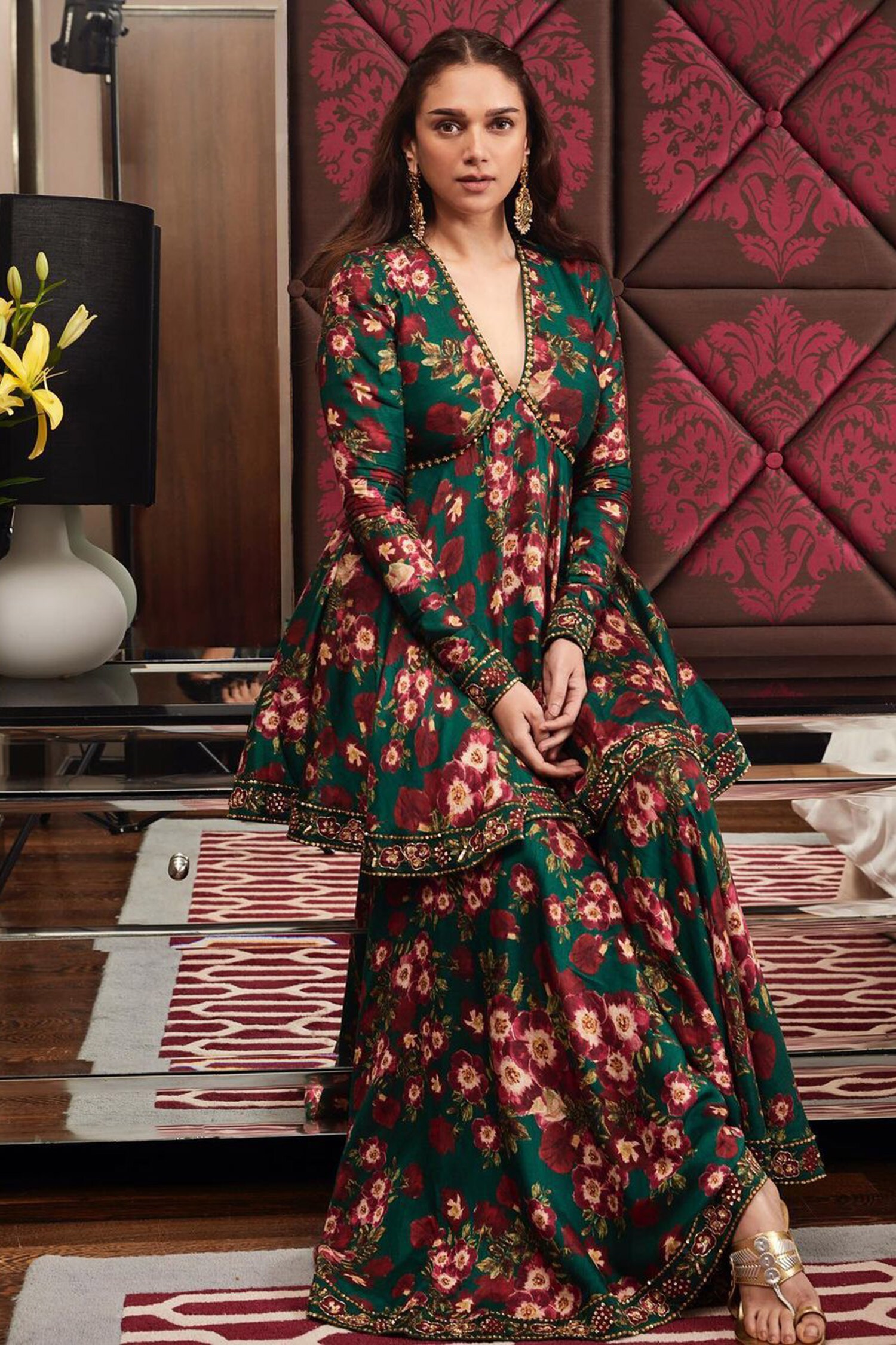 Prints by Radhika Green Dupion Floral Print Gharara Pant Set
