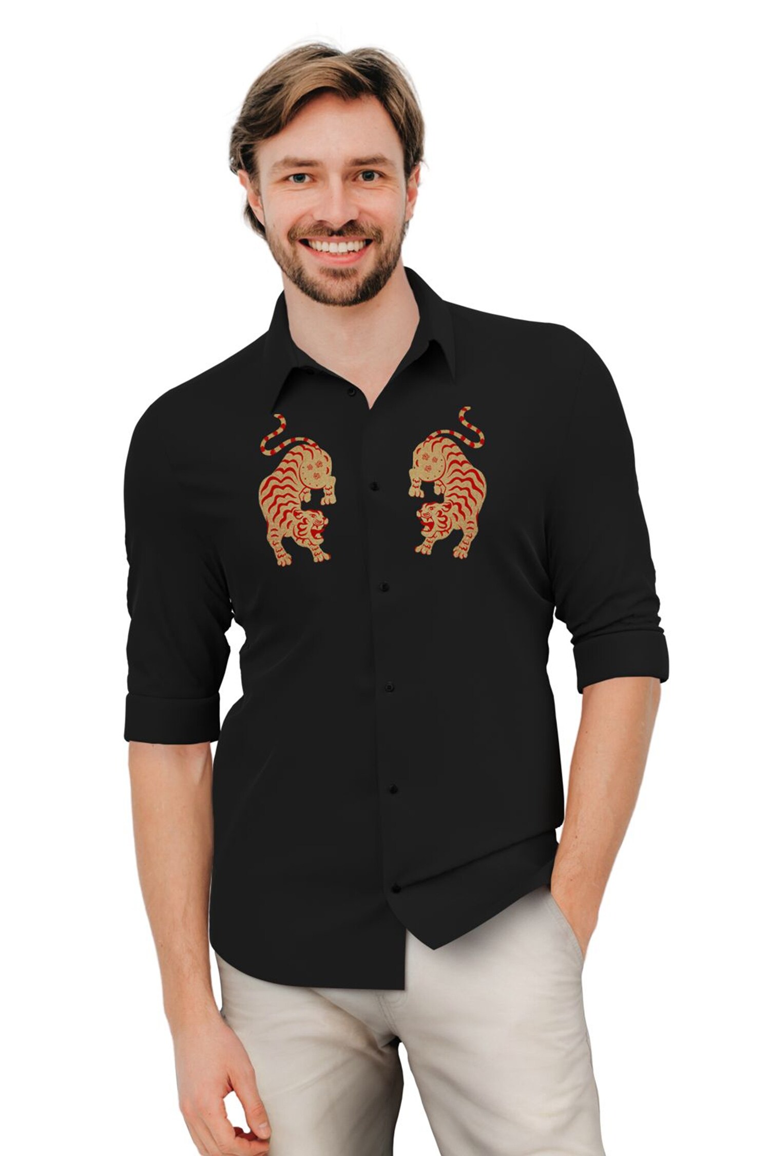 HeSpoke Black Cotton Twill Placement Tiger Print Shirt