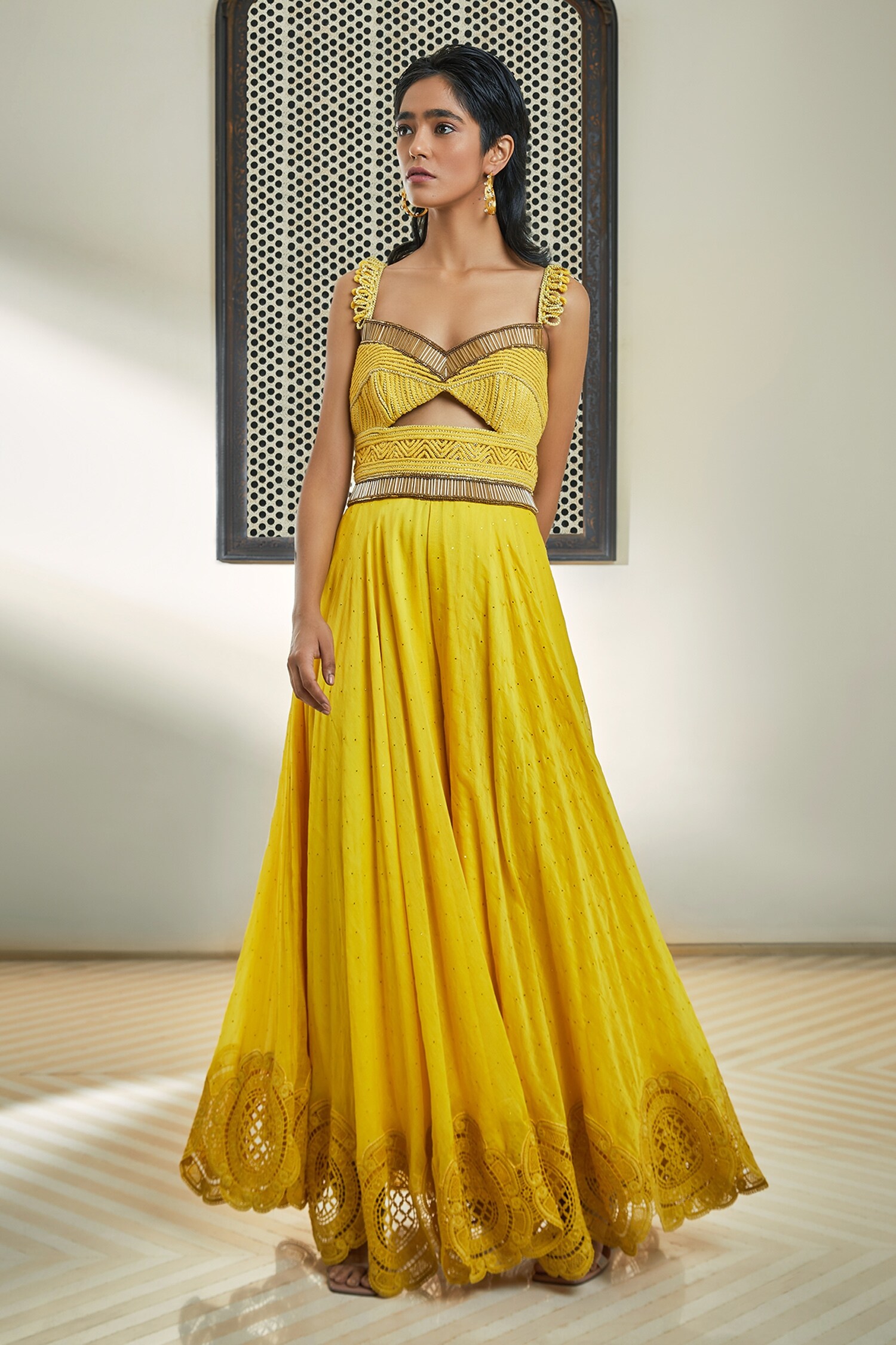 Buy Surily G Yellow Chanderi Hand Embroidered Yoke Jumpsuit Online