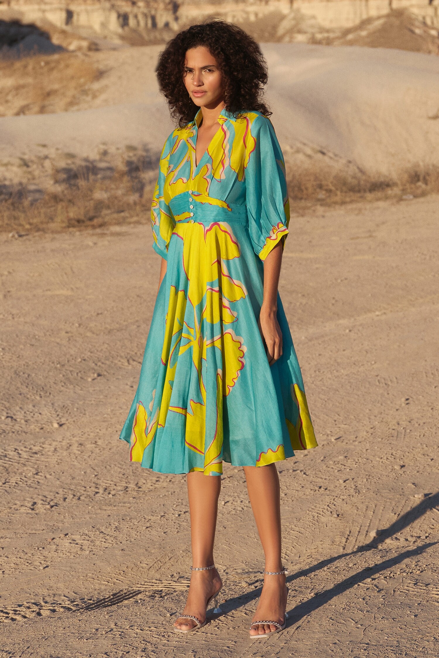 Twinkle Hanspal Blue Milah Handloom Chanderi Printed Dress