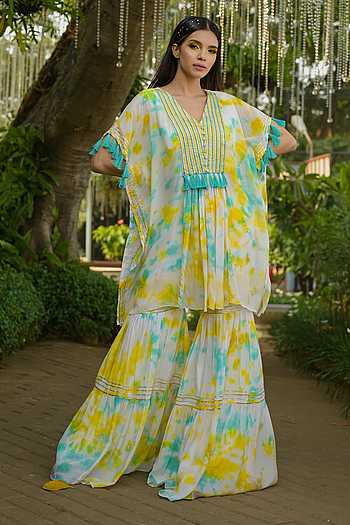 Buy Disha Kahai Multi Color Crepe Tie-dye Pattern Kaftan And Gharara ...