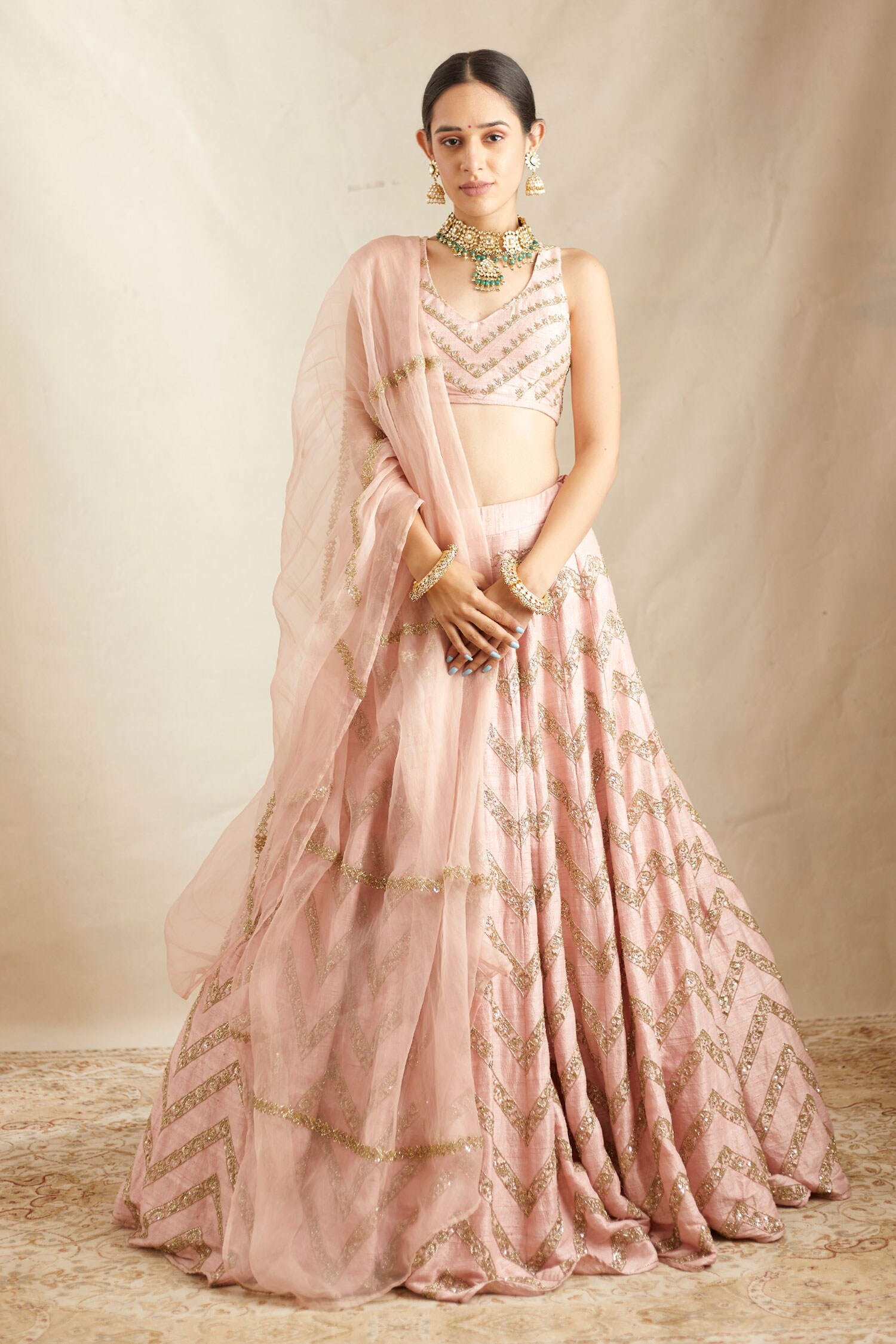 Astha Narang Pink Raw Silk Chevron Embroidered Lehenga Set